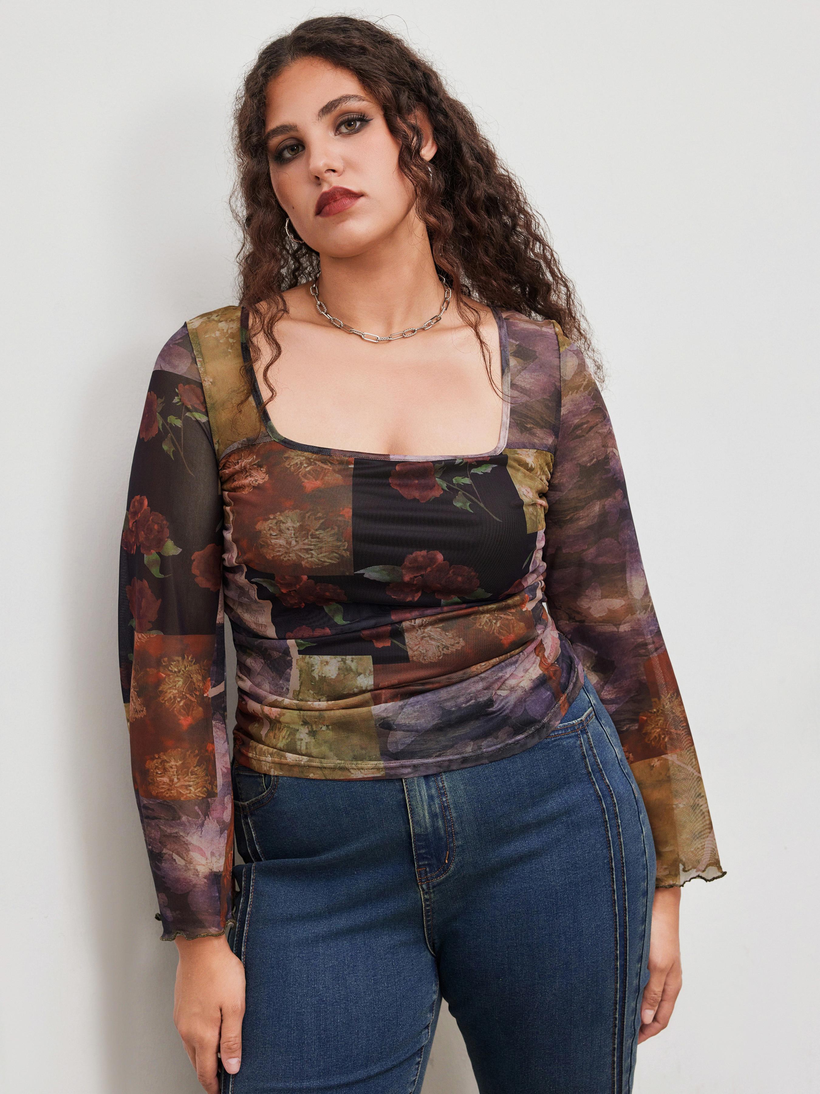 Mesh Square Neck Floral Patchy Lettuce Trim Ruched Long Sleeve Top Curve & Plus by CIDER