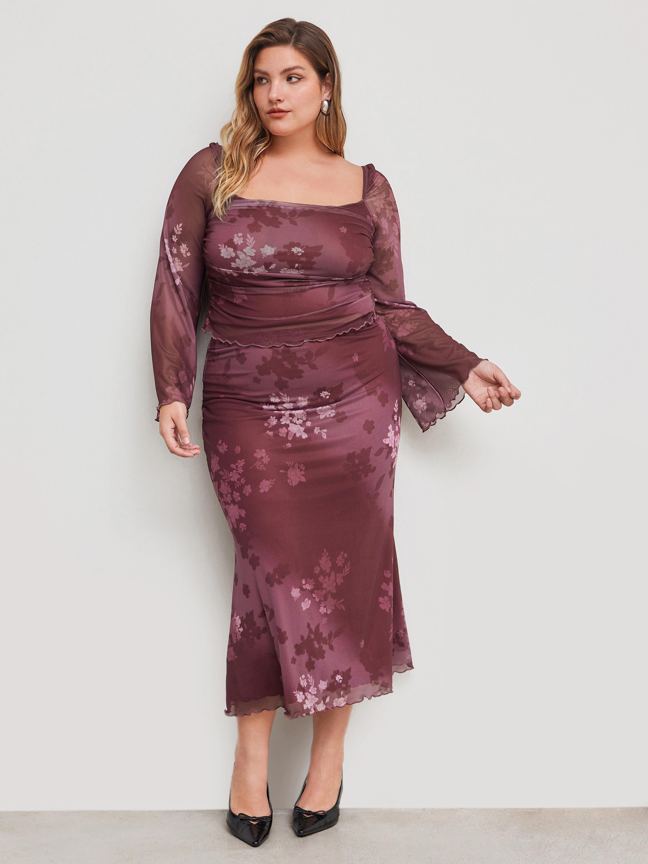 Mesh Square Neck Floral Ruched Long Sleeve Crop Top & Mid Rise Maxi Skirt Set Curve & Plus by CIDER Mesh Square Neck Floral Ruched Long Sleeve Crop Top & Mid Rise Maxi Skirt Set Curve & Plus by CIDER