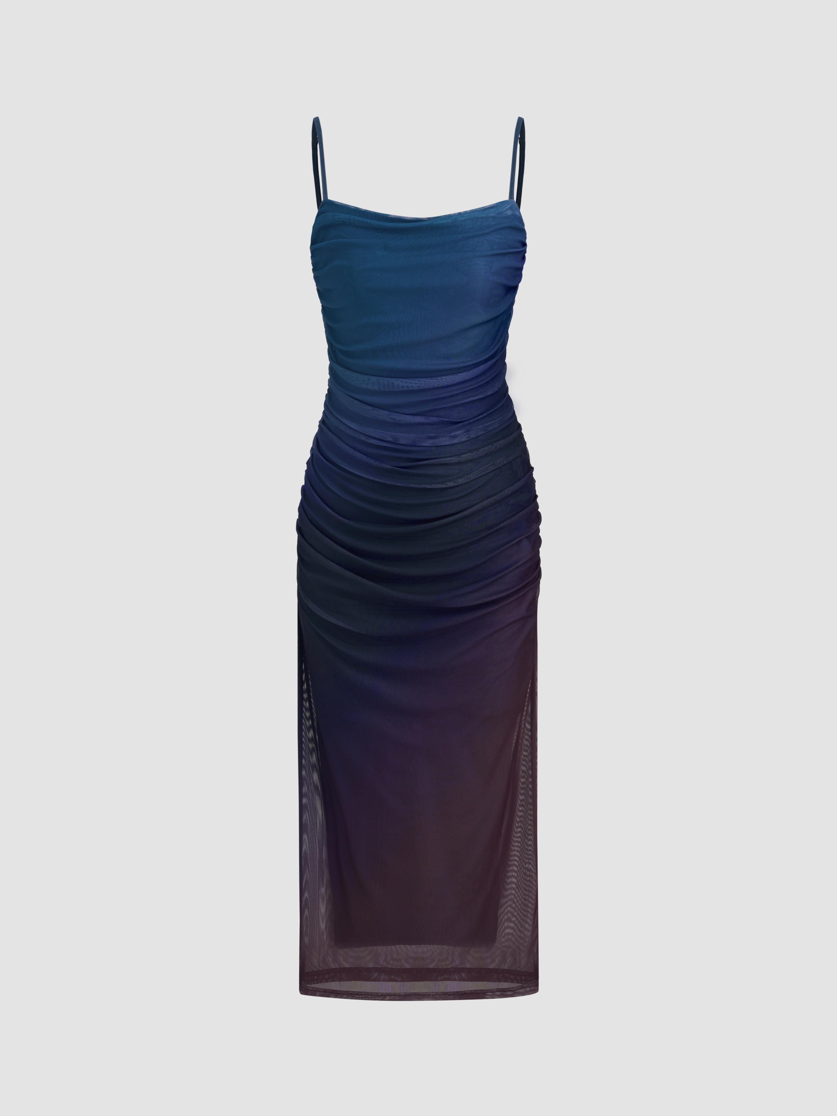 Mesh Square Neck Gradient Ruched Maxi Dress by CIDER