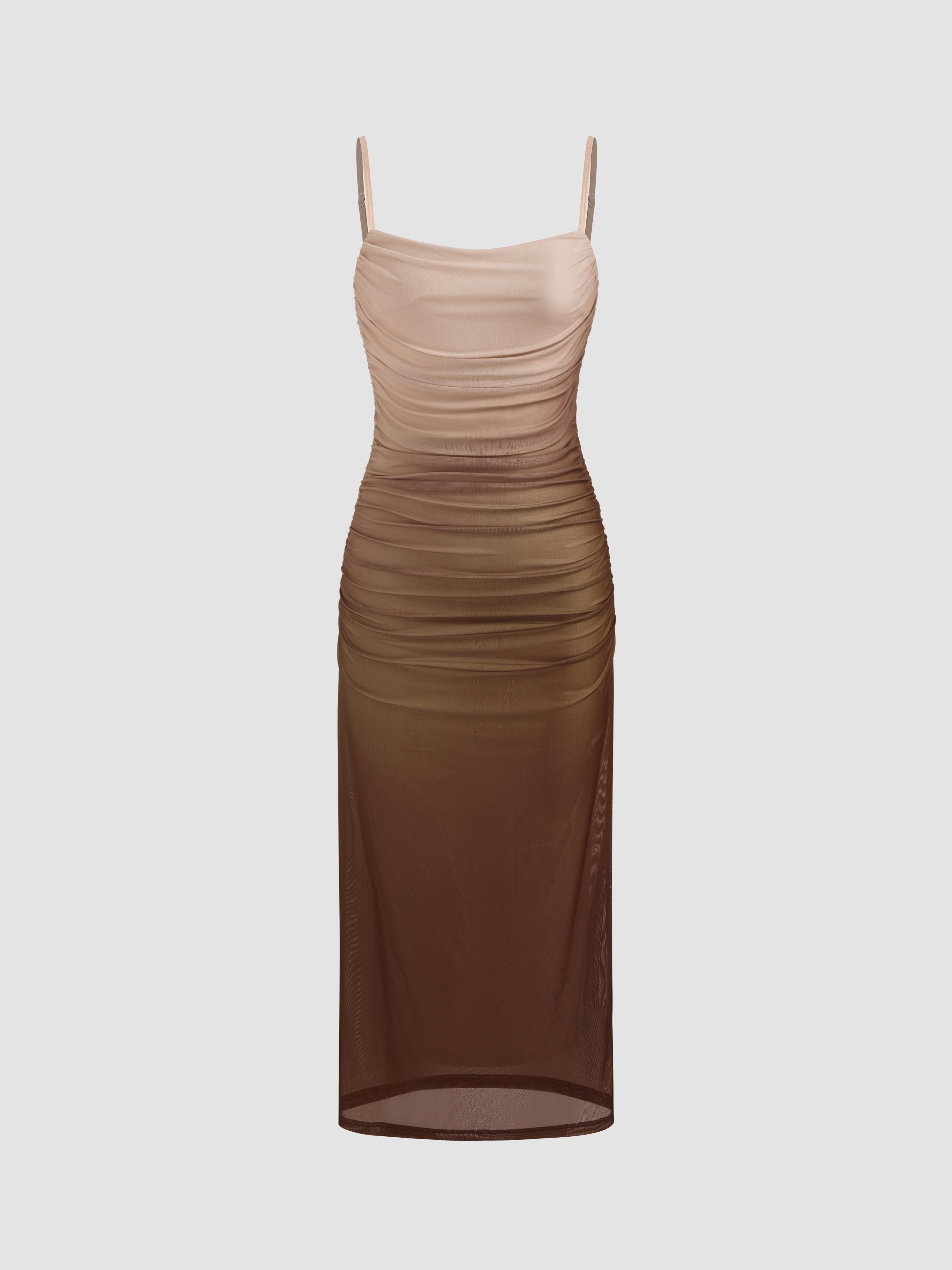 Mesh Square Neck Gradient Ruched Maxi Dress by CIDER