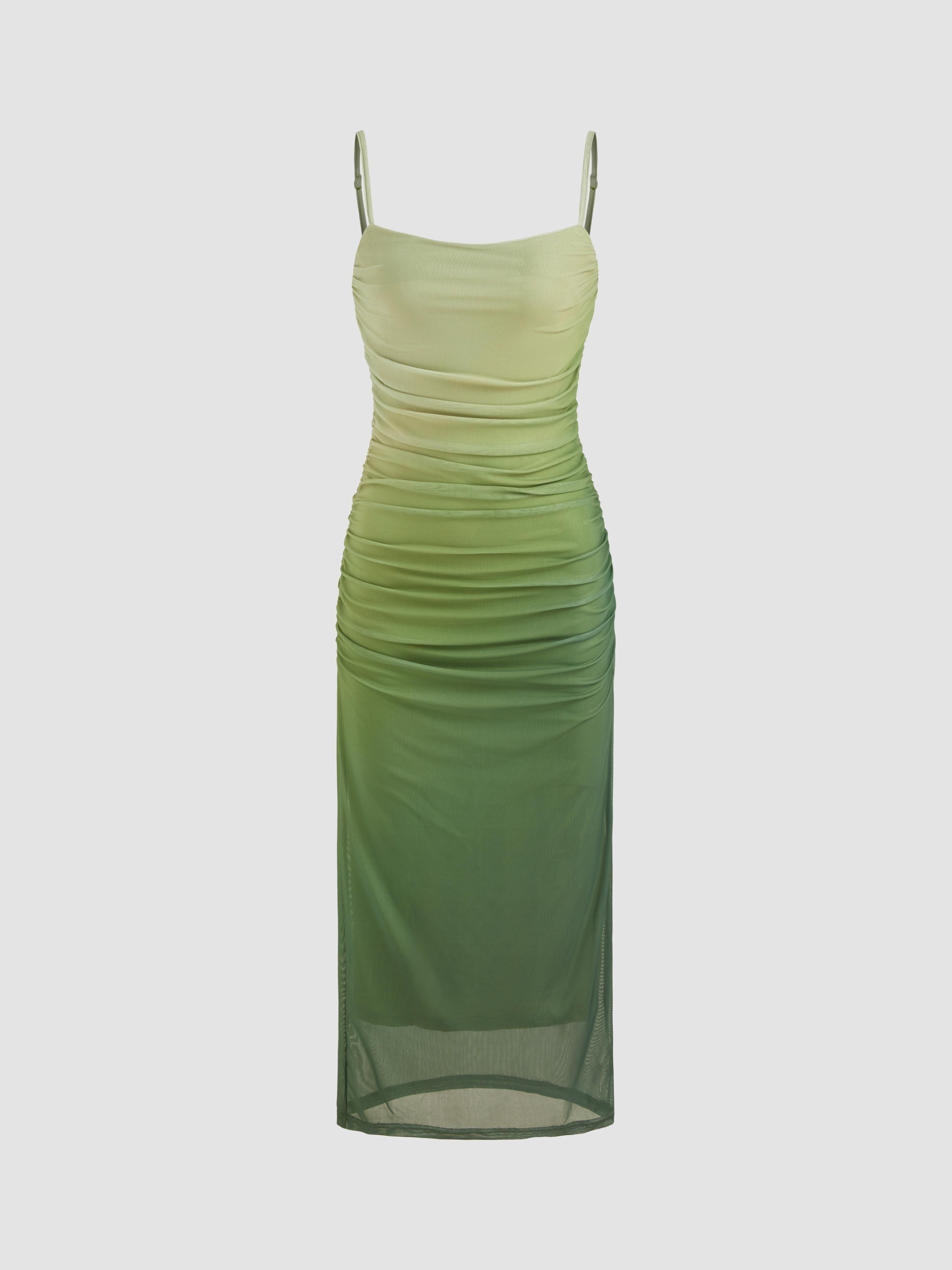 Mesh Square Neck Gradient Ruched Maxi Dress by CIDER