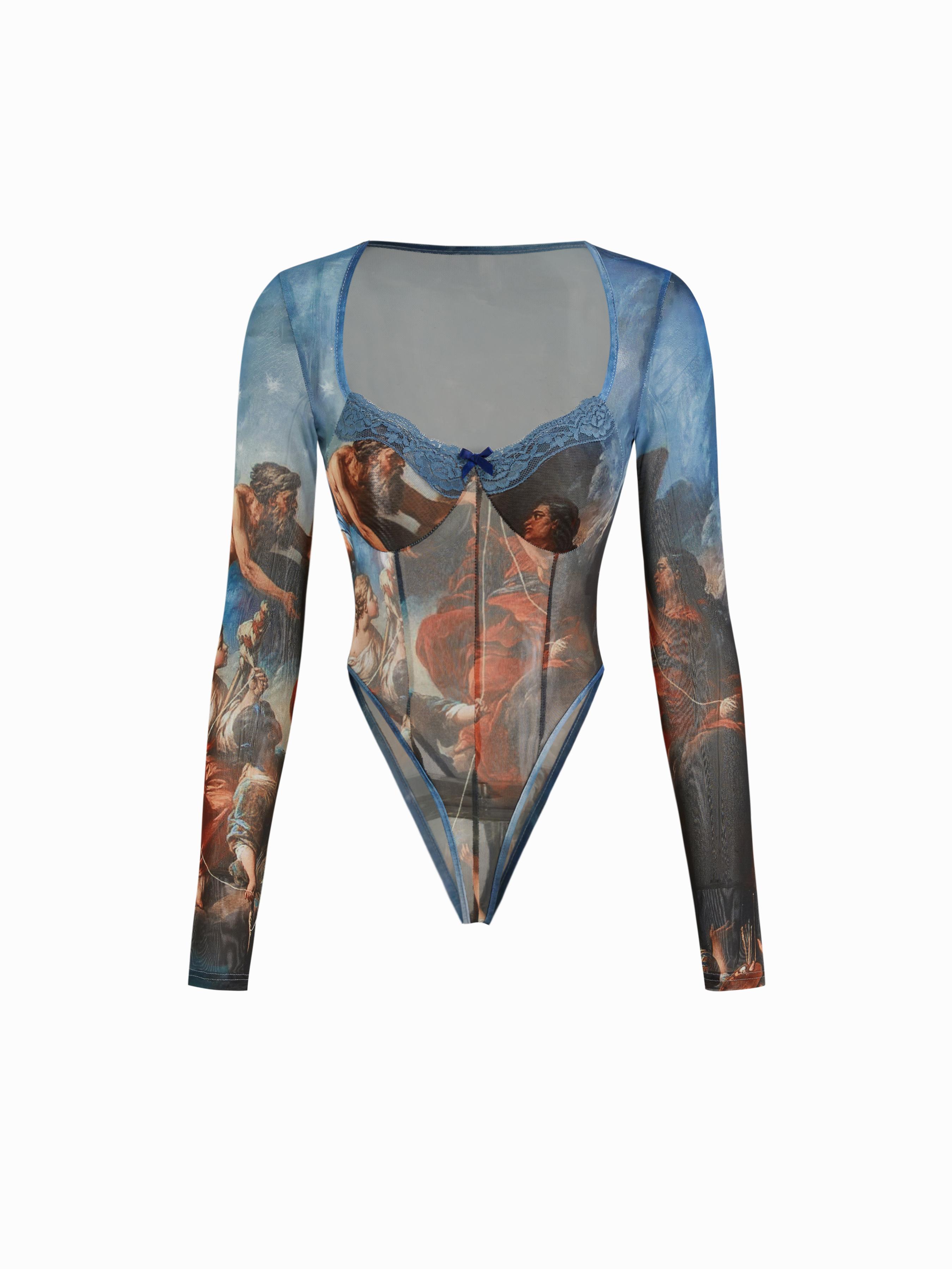 Mesh Square Neck Graphic Corset Bowknot See-through Bodysuit by CIDER