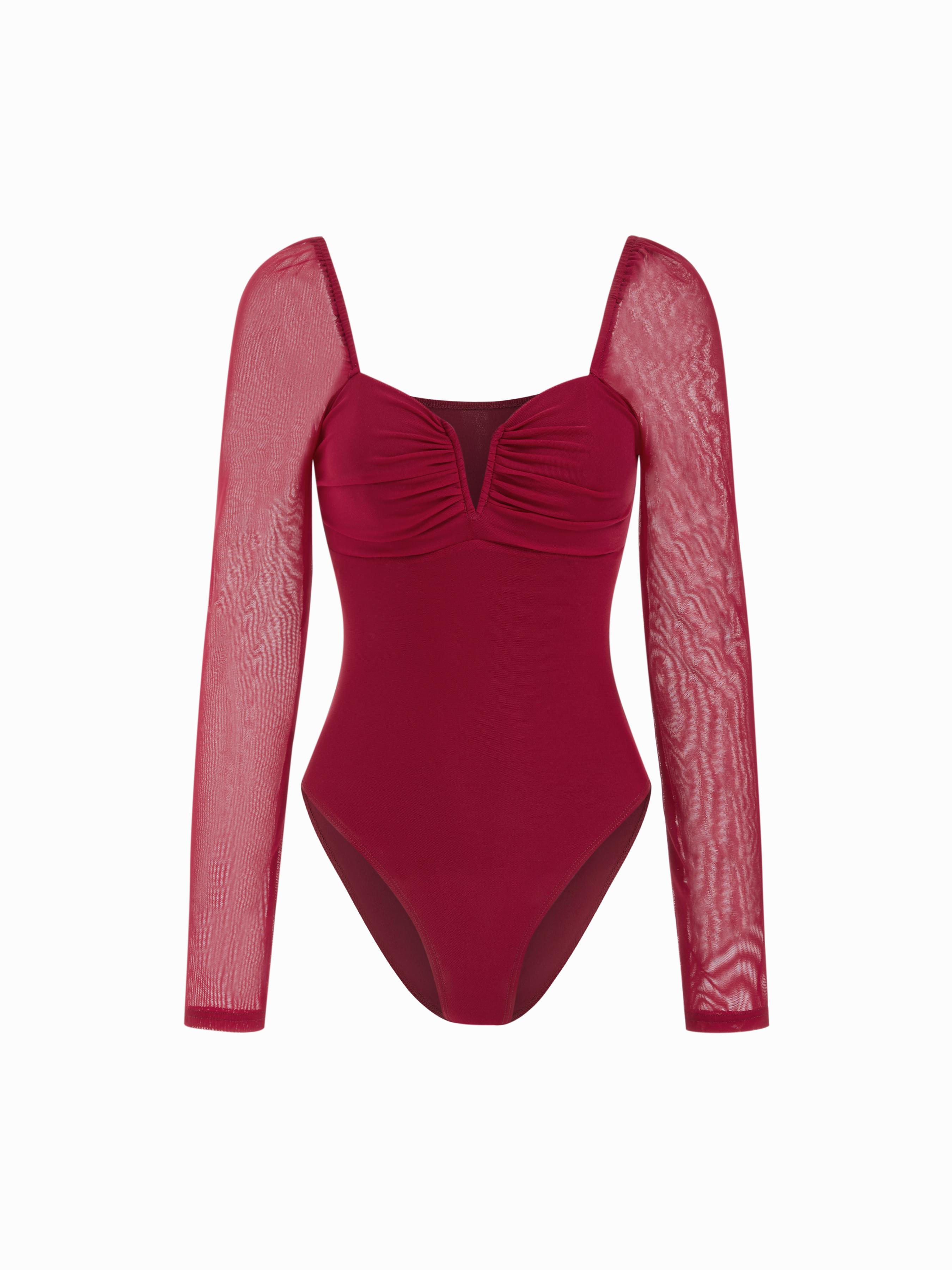 Mesh Square Neck Ruched Bodysuit by CIDER