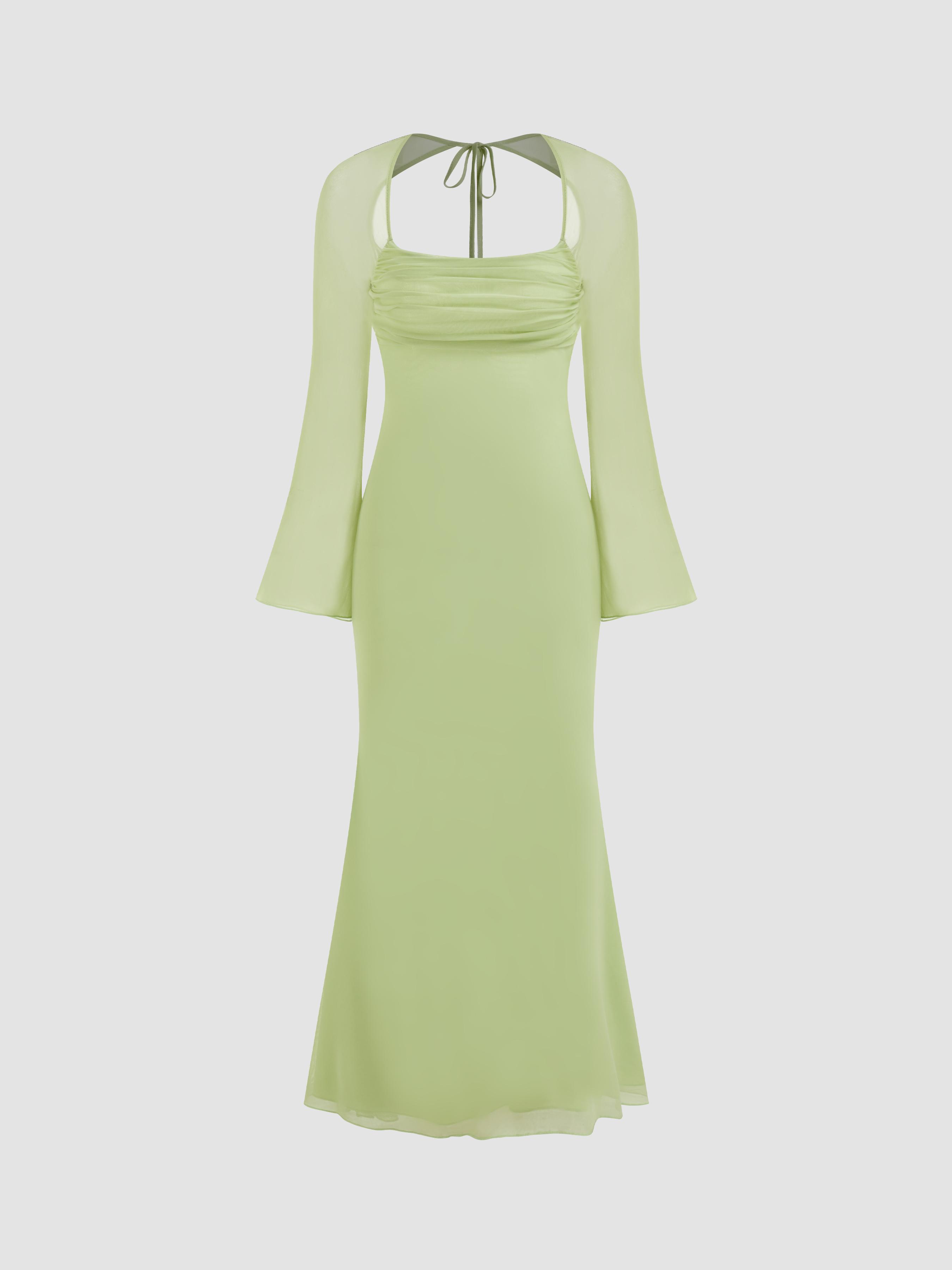 Mesh Square Neck Solid Drawstring Maxi Dress by CIDER