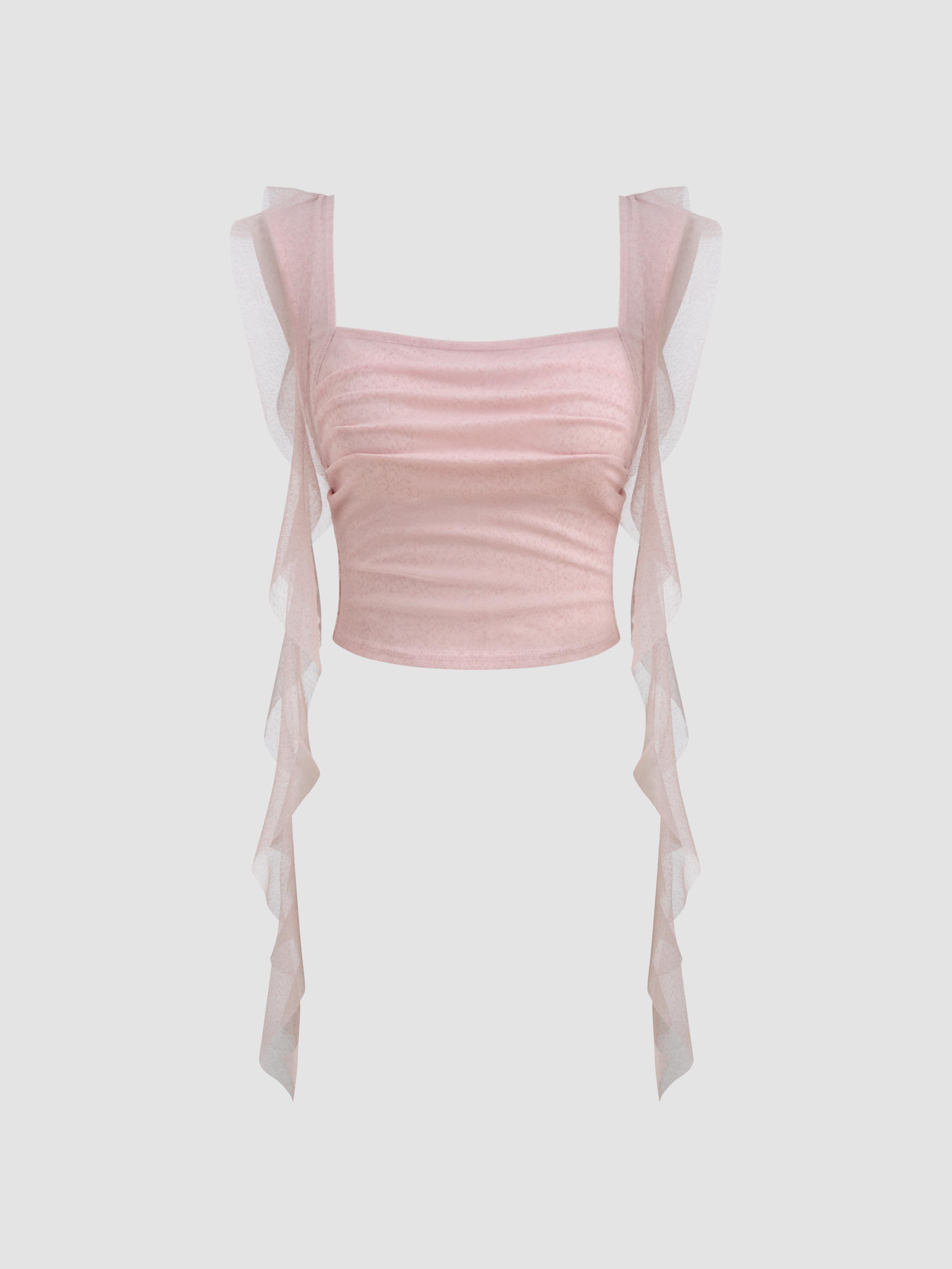 Mesh Square Neck Solid Ruched Ruffle Hem Crop Tank Top by CIDER
