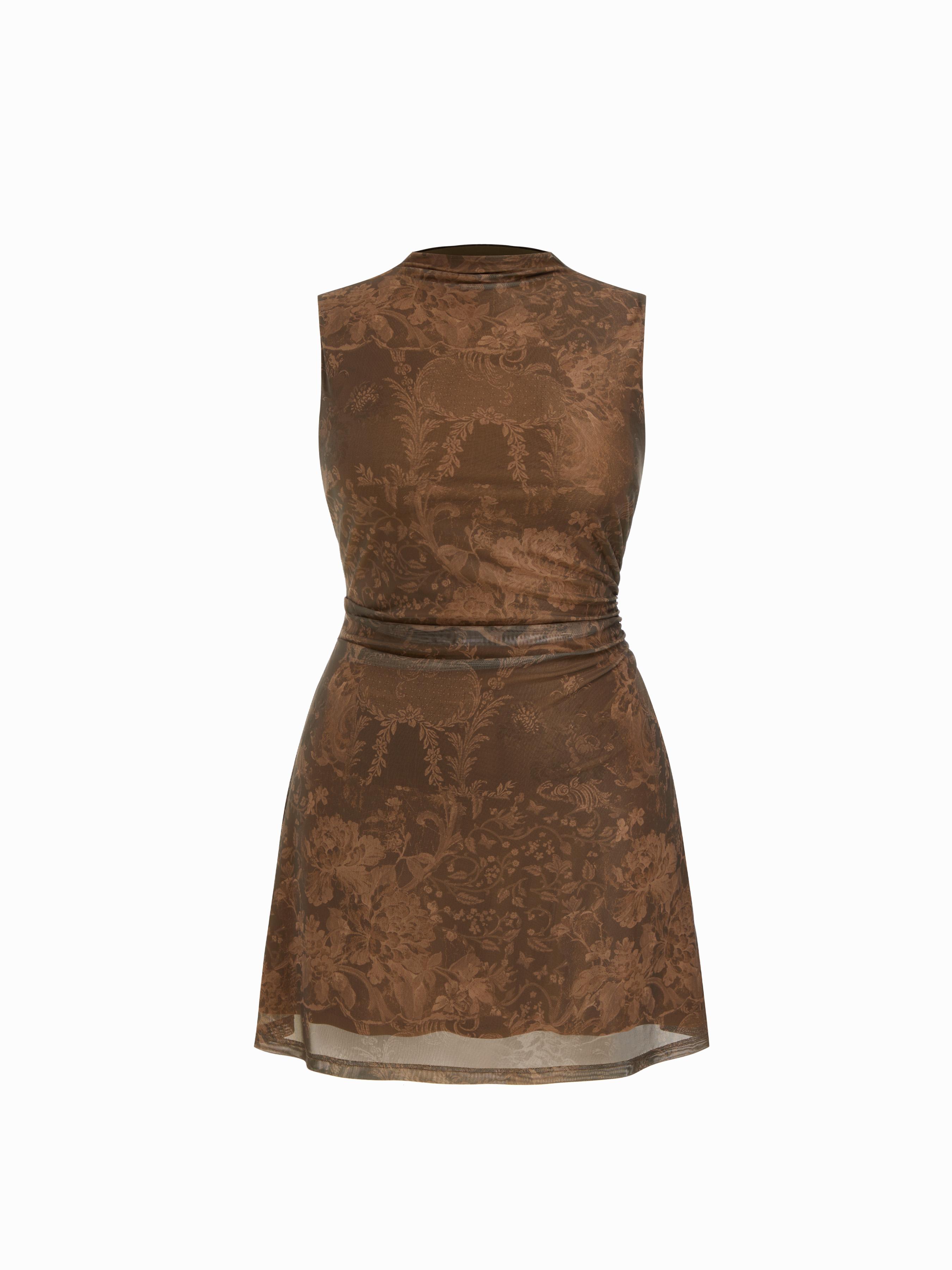 Mesh Stand Collar Floral Ruched Mini Dress Curve & Plus by CIDER