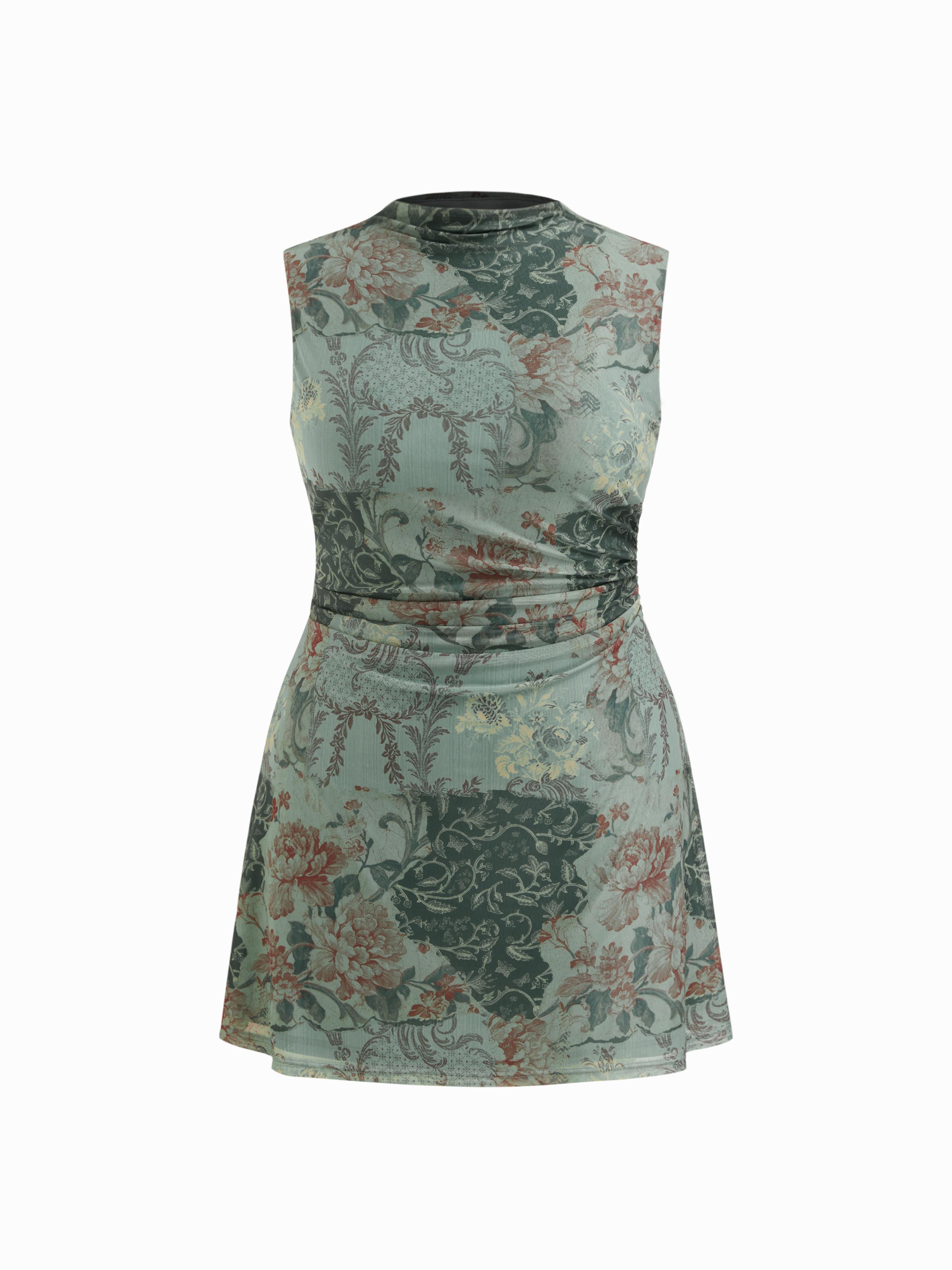 Mesh Stand Collar Floral Ruched Mini Dress Curve & Plus by CIDER