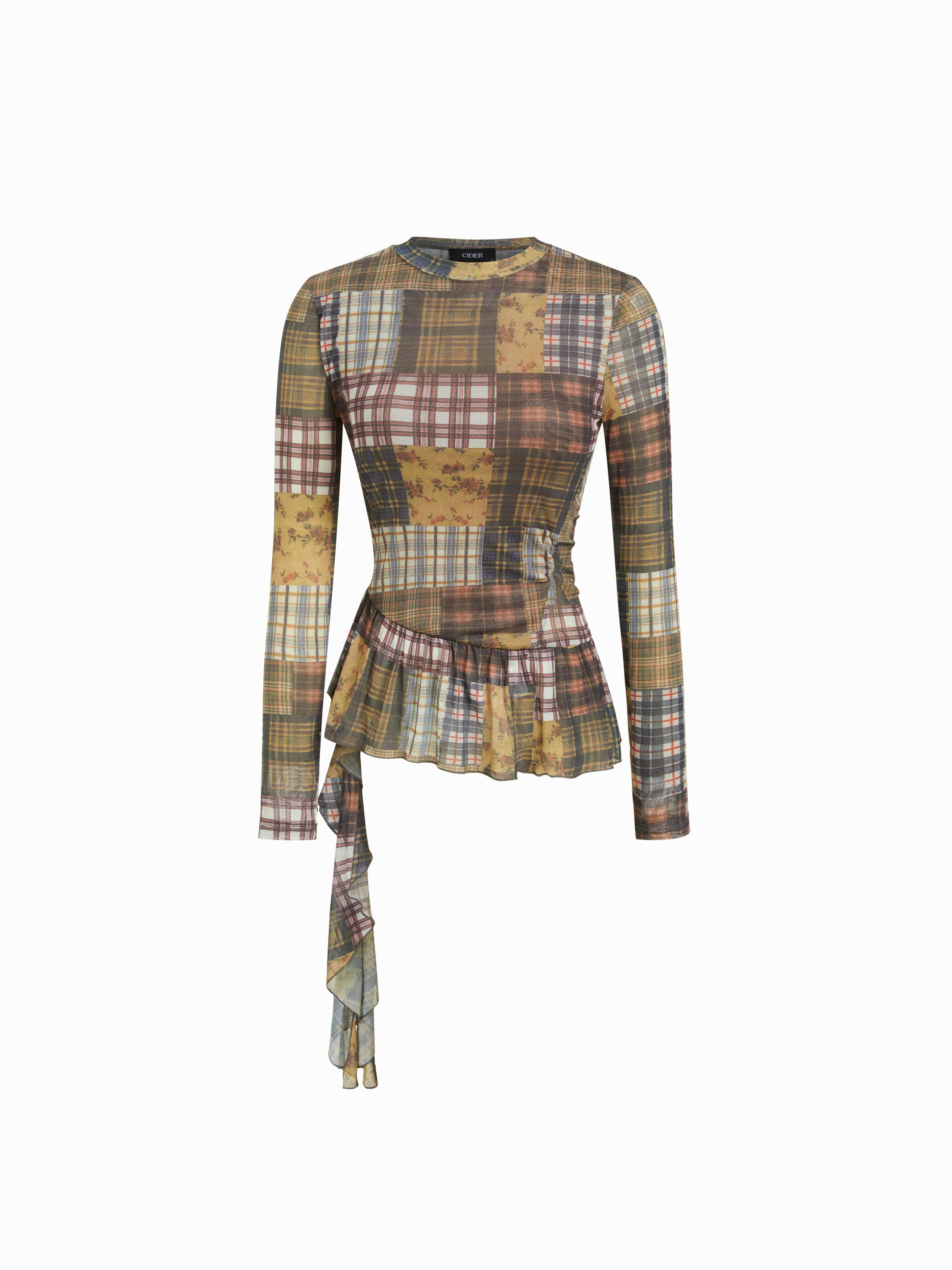Mesh Stand Collar Long Sleeve Checks Ruffle Floral Top by CIDER
