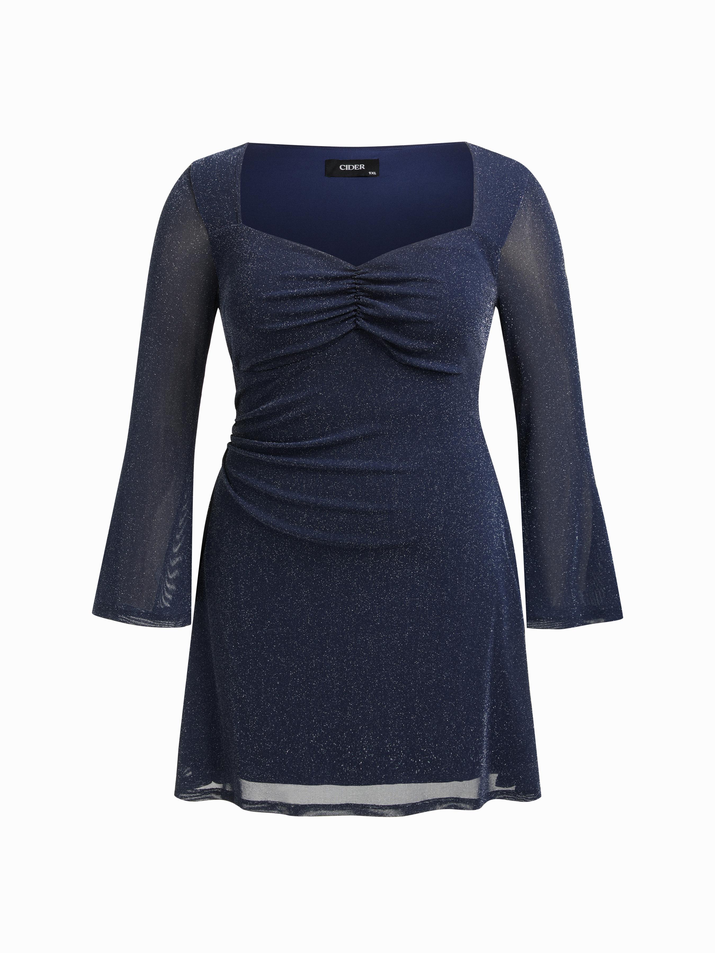 Mesh Sweetheart Bell Sleeve Glitter Ruched Mini Dress Curve & Plus by CIDER