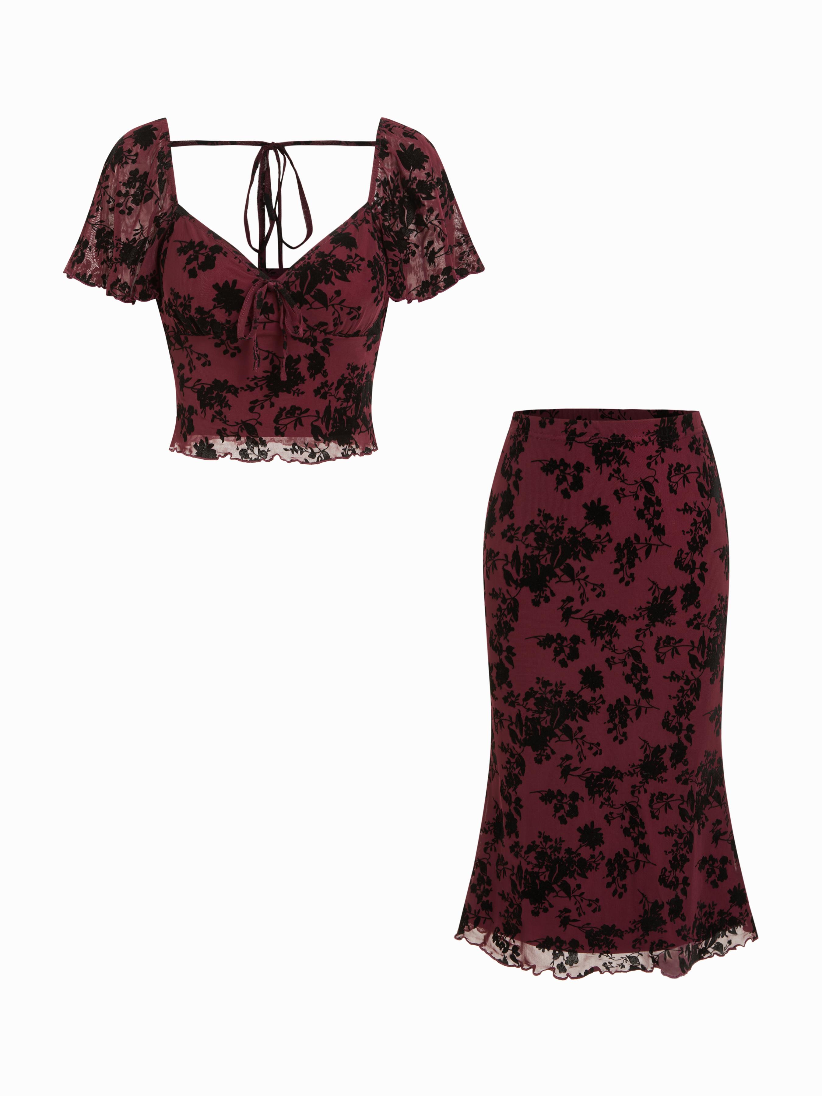 Mesh Sweetheart Floral Lace Ruffled Top & Lettuce Trim Mermaid Maxi Skirt Set by CIDER