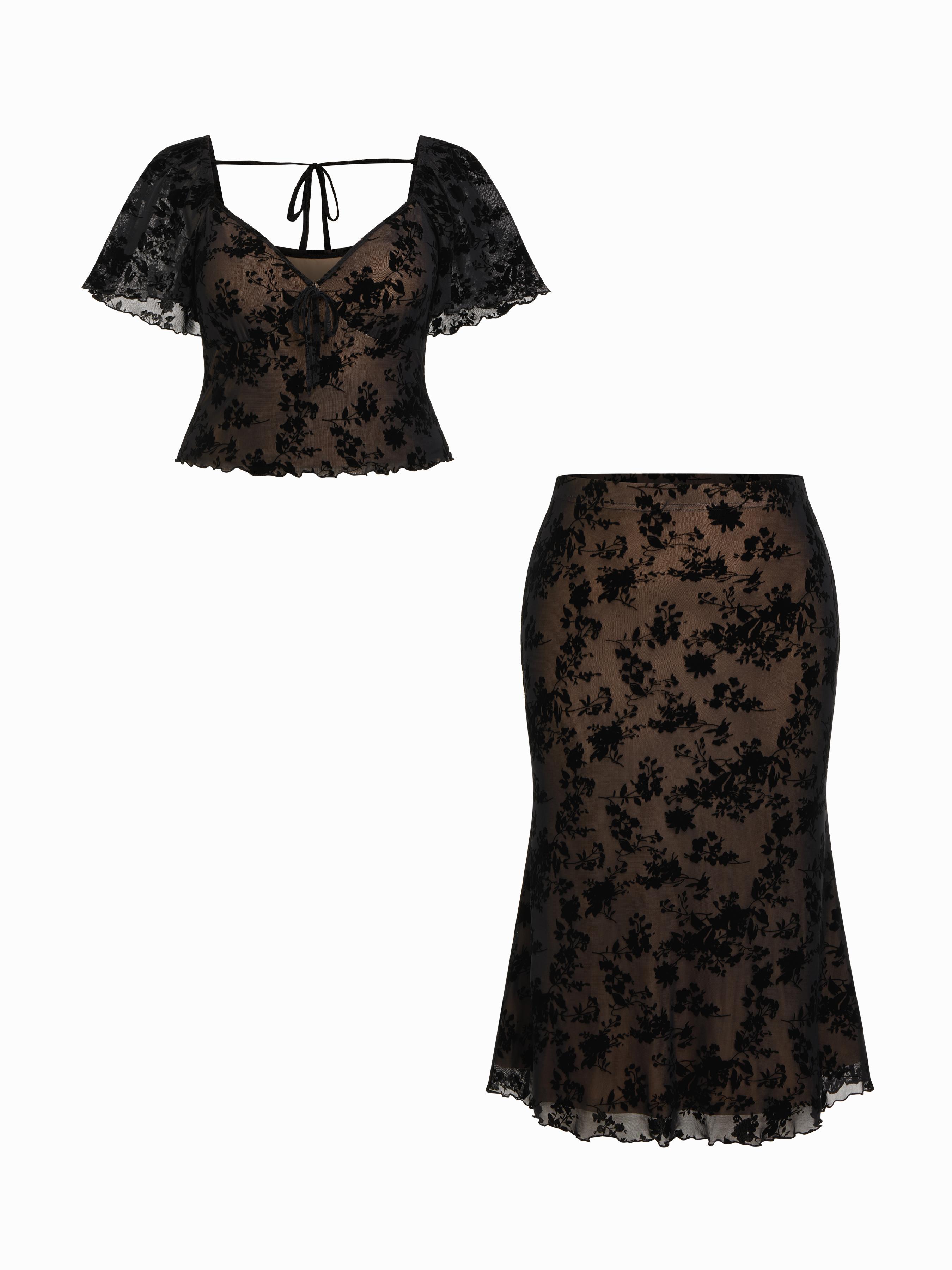 Mesh Sweetheart Floral Lace Ruffled Top & Lettuce Trim Mermaid Maxi Skirt Set Curve & Plus by CIDER