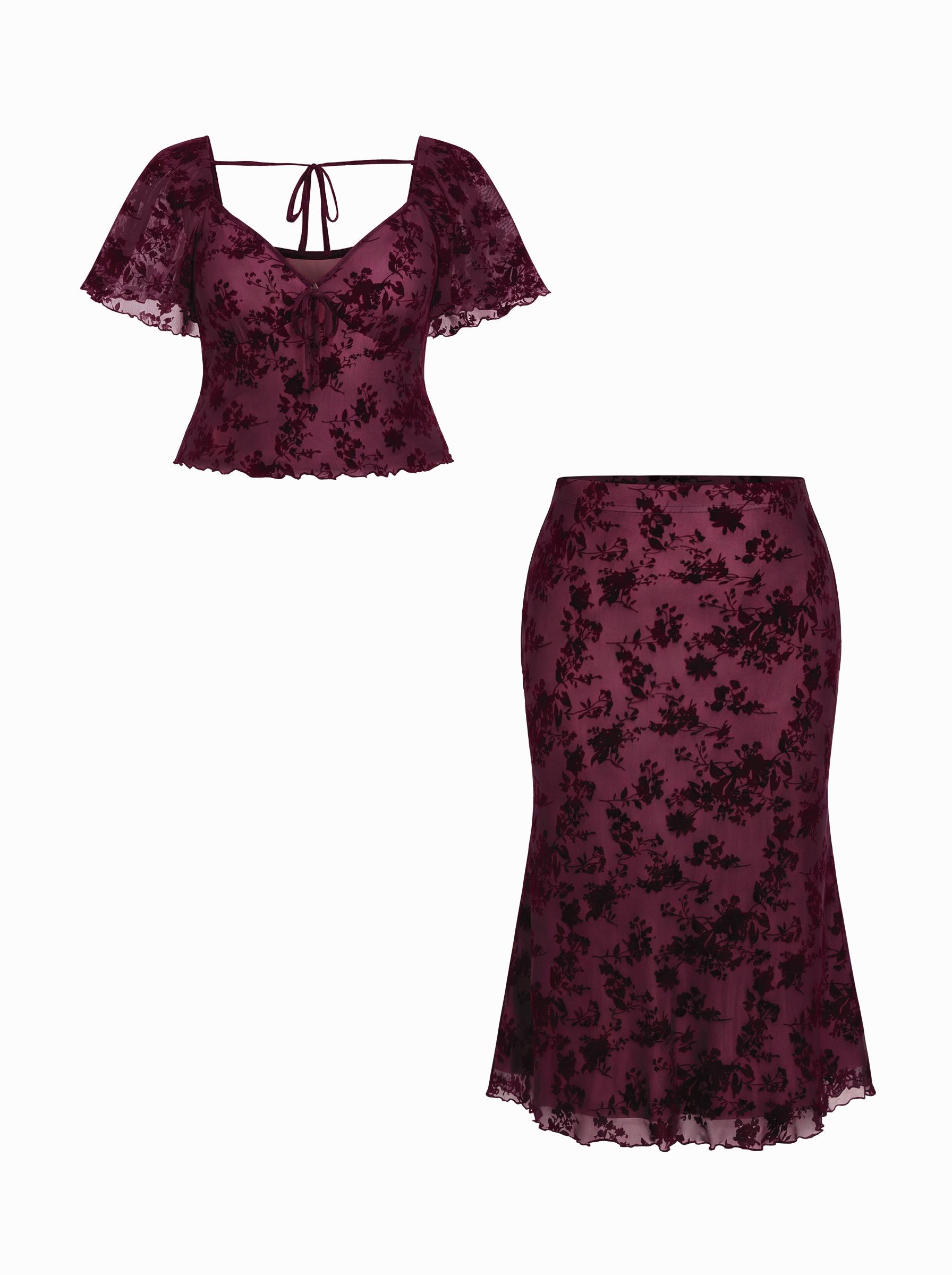 Mesh Sweetheart Floral Lace Ruffled Top & Lettuce Trim Mermaid Maxi Skirt Set Curve & Plus by CIDER