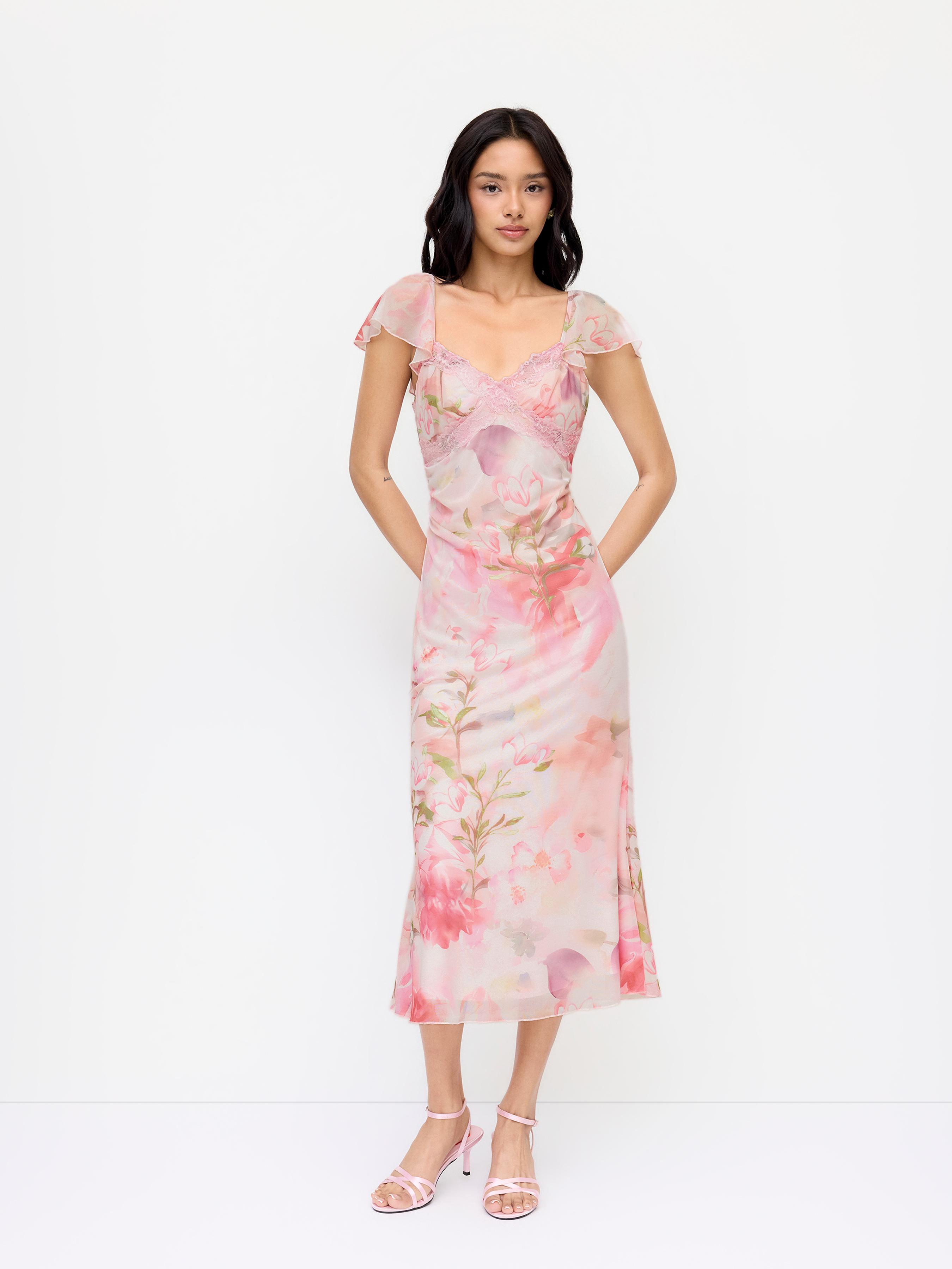 Mesh Sweetheart Floral Ruffle sleeve Mermaid Maxi Dress by CIDER
