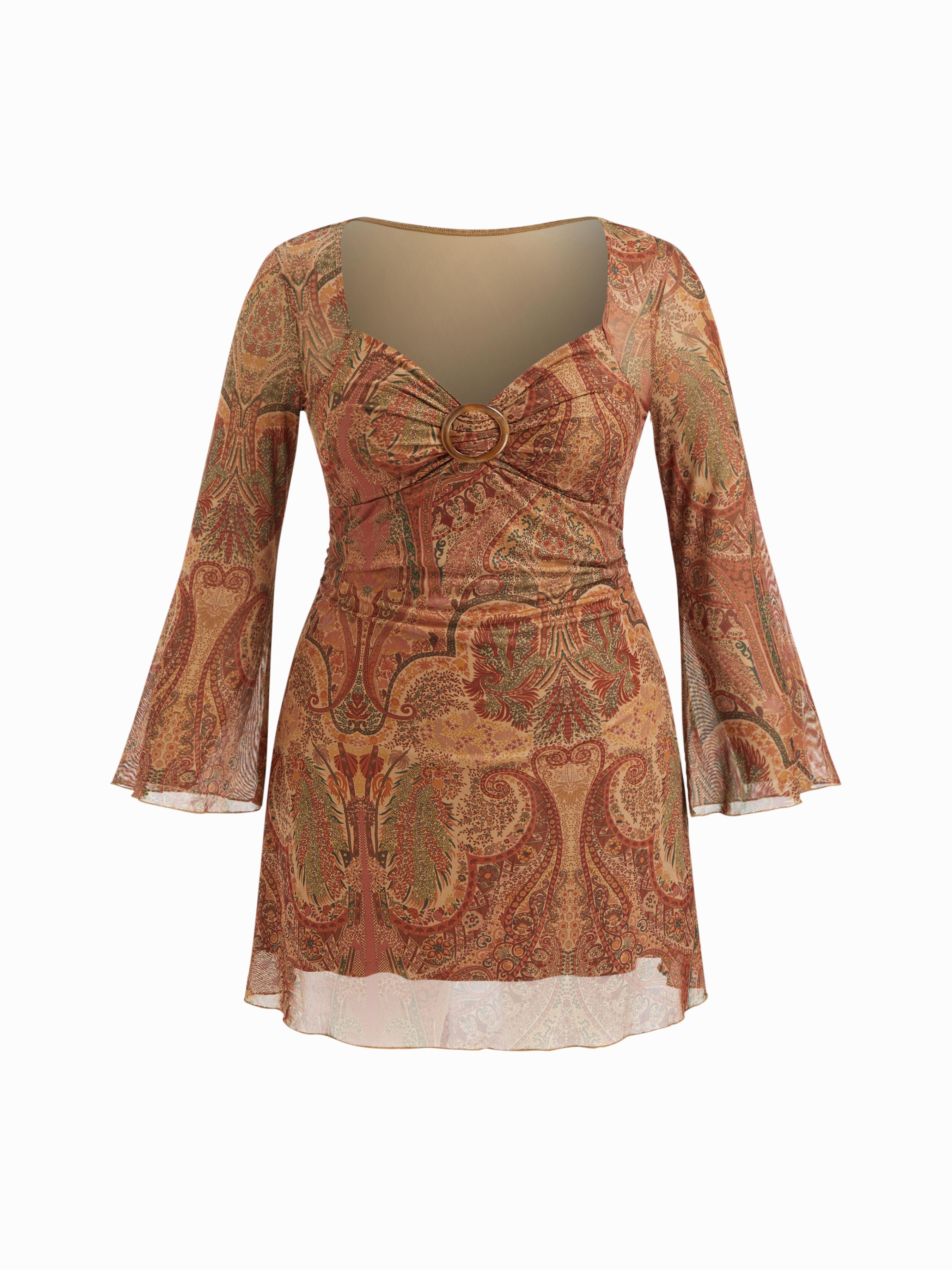 Mesh Sweetheart Neck Paisley O-Ring Ruffle Hem Mini Dress Curve & Plus by CIDER