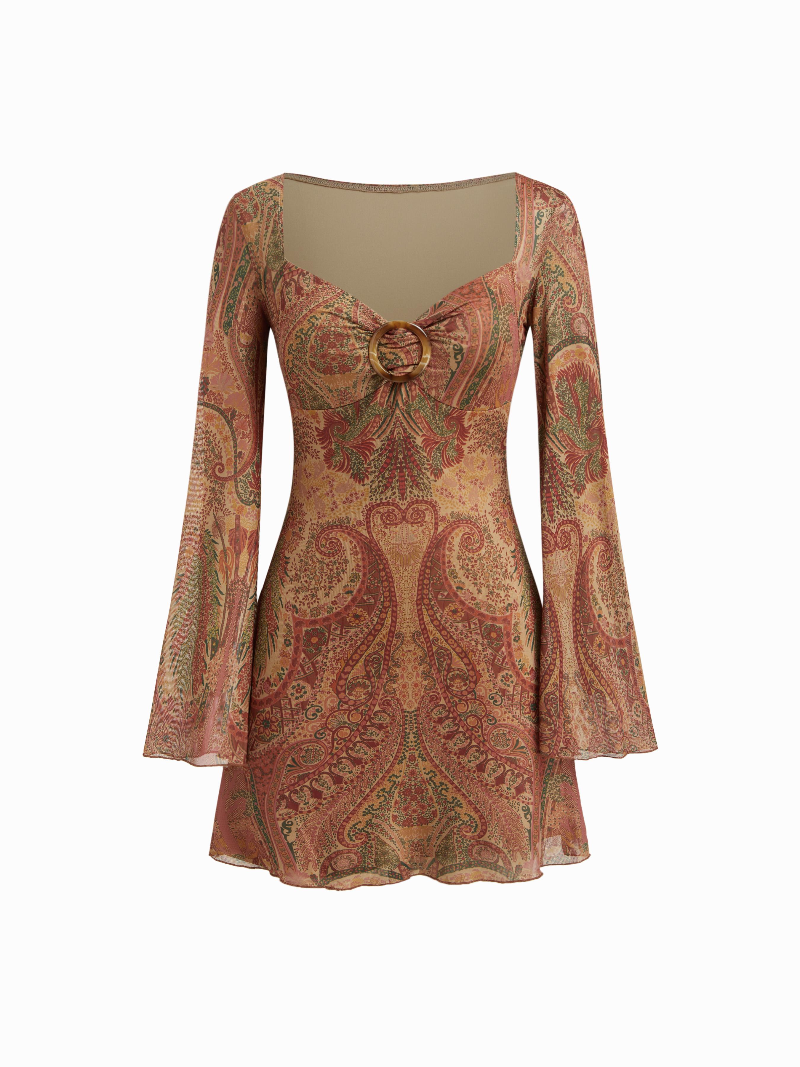 Mesh Sweetheart Neck Paisley O-Ring Ruffle Hem Mini Dress by CIDER