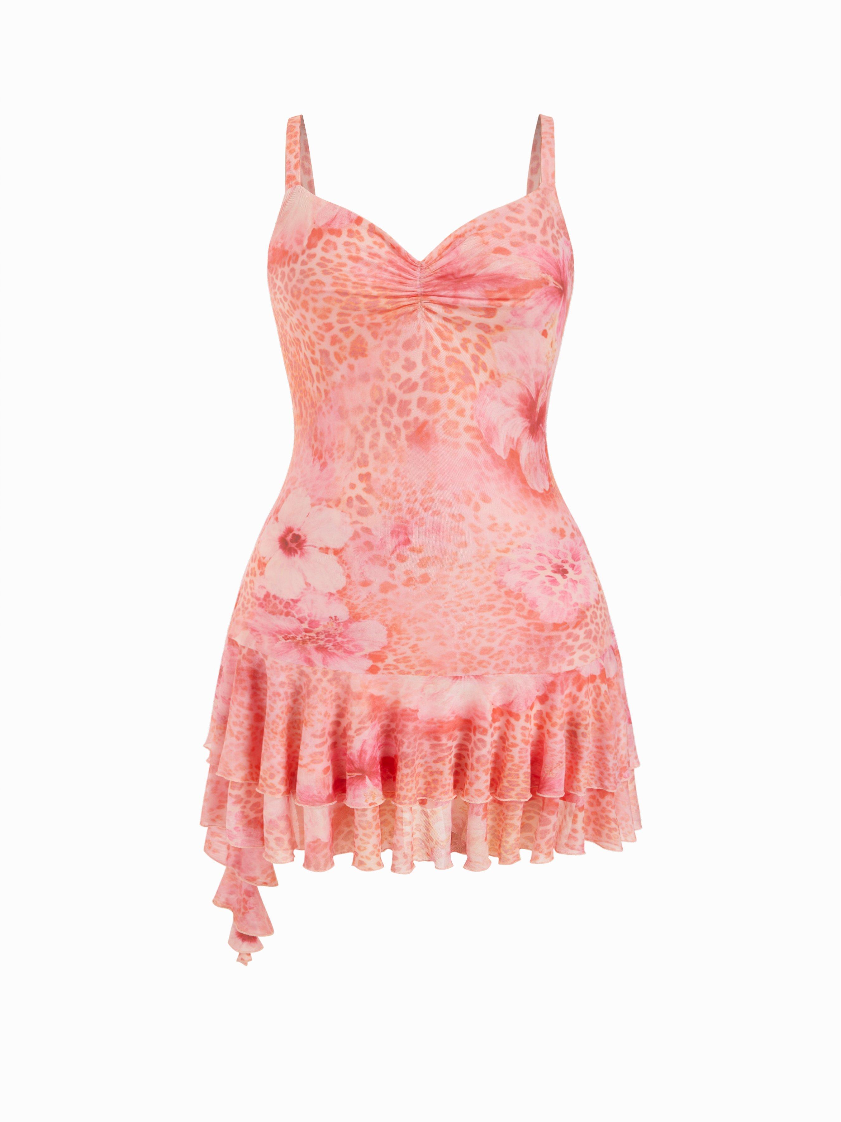Mesh Sweetheart Neckline Floral Asymmetrical Layered Ruffle Hem Mini Dress Curve & Plus by CIDER