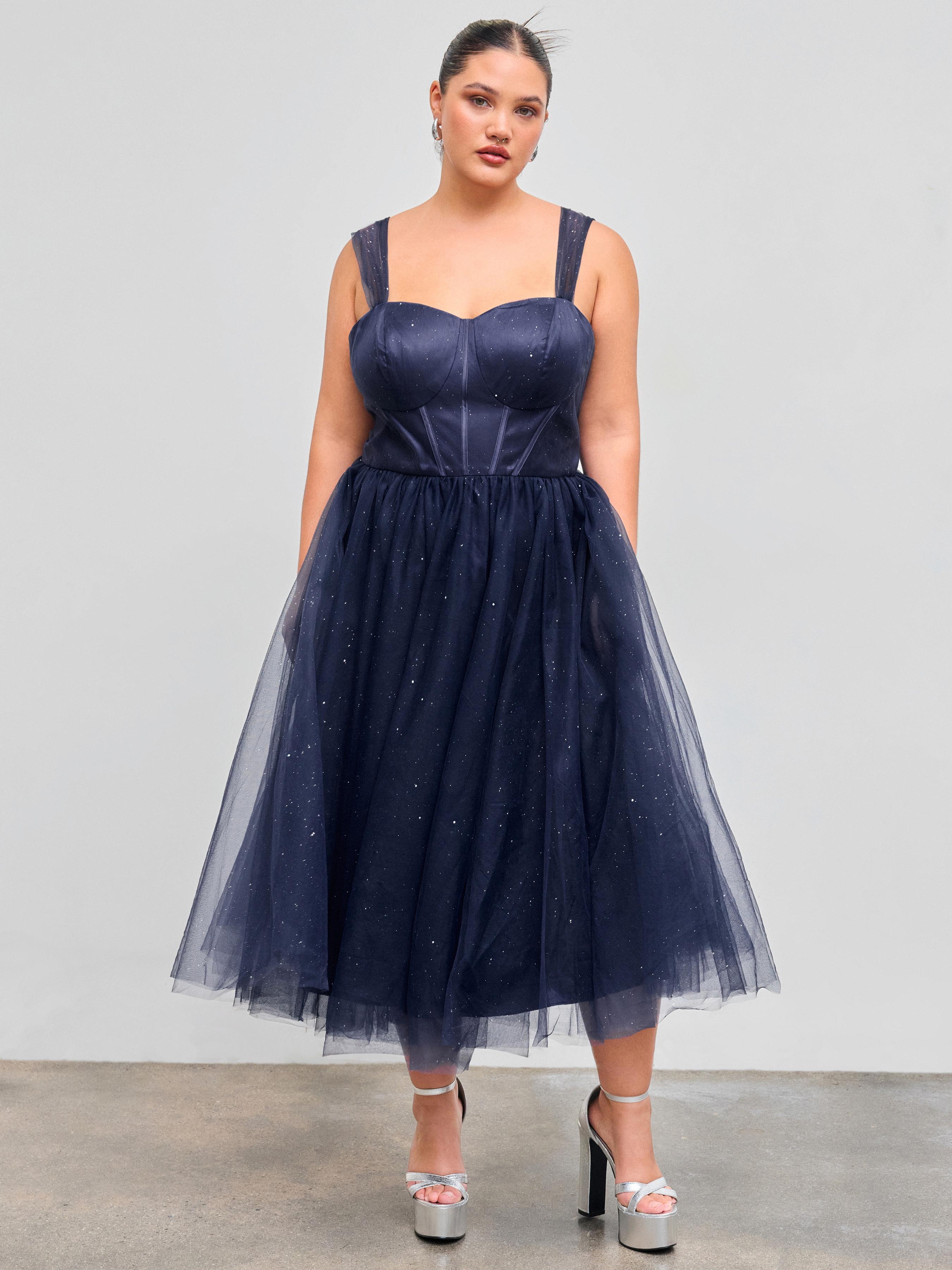 Mesh Sweetheart Neckline Glitter Tulle Ruffle Midi Dress Curve & Plus by CIDER