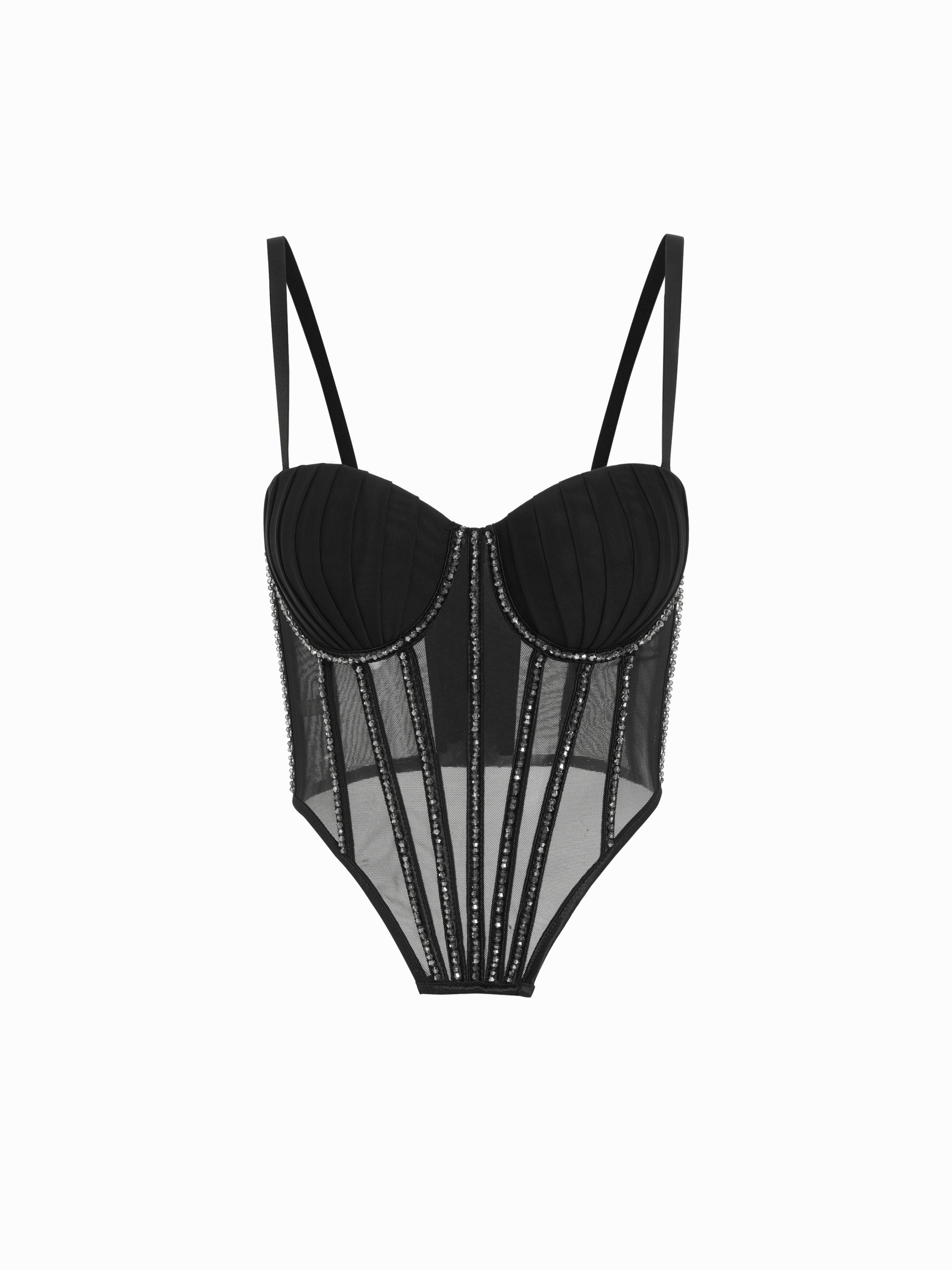 Mesh Sweetheart Rhinestone Corset Cami Top by CIDER