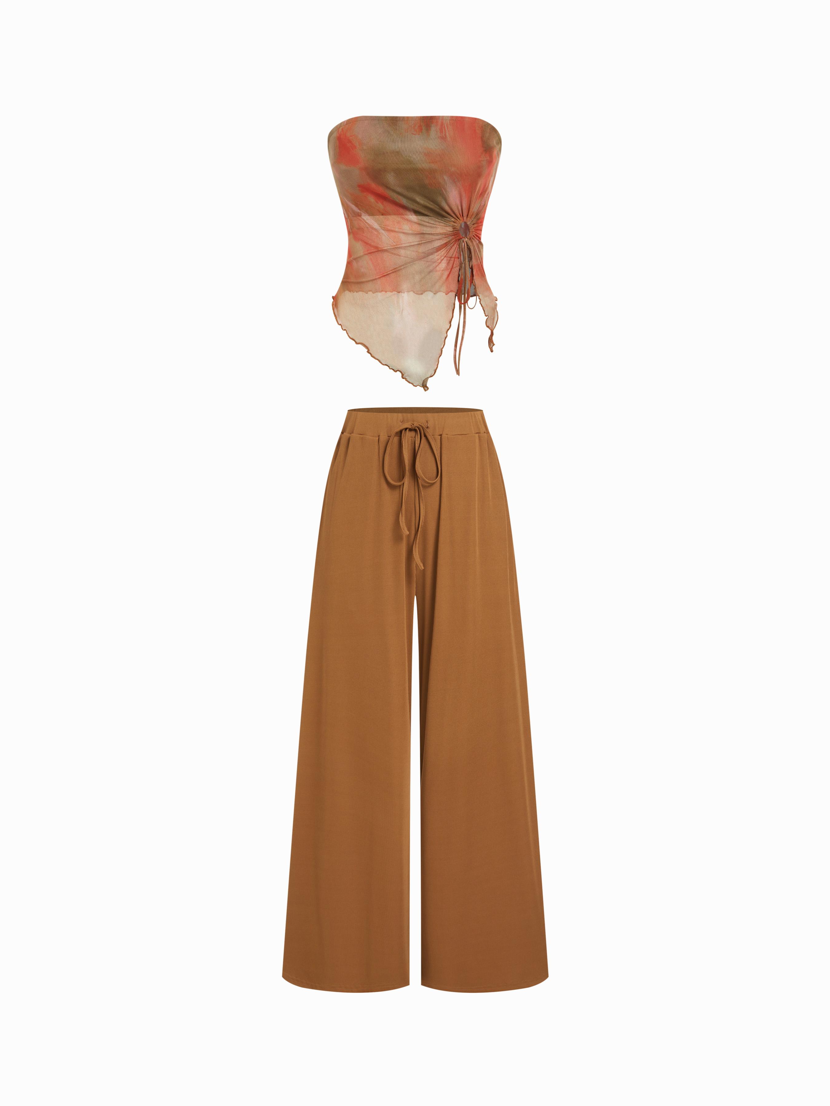 Mesh Tie Dye Drawstring Bandeau Top & Mid Rise Drawstring Wide Leg Trousers Set by CIDER