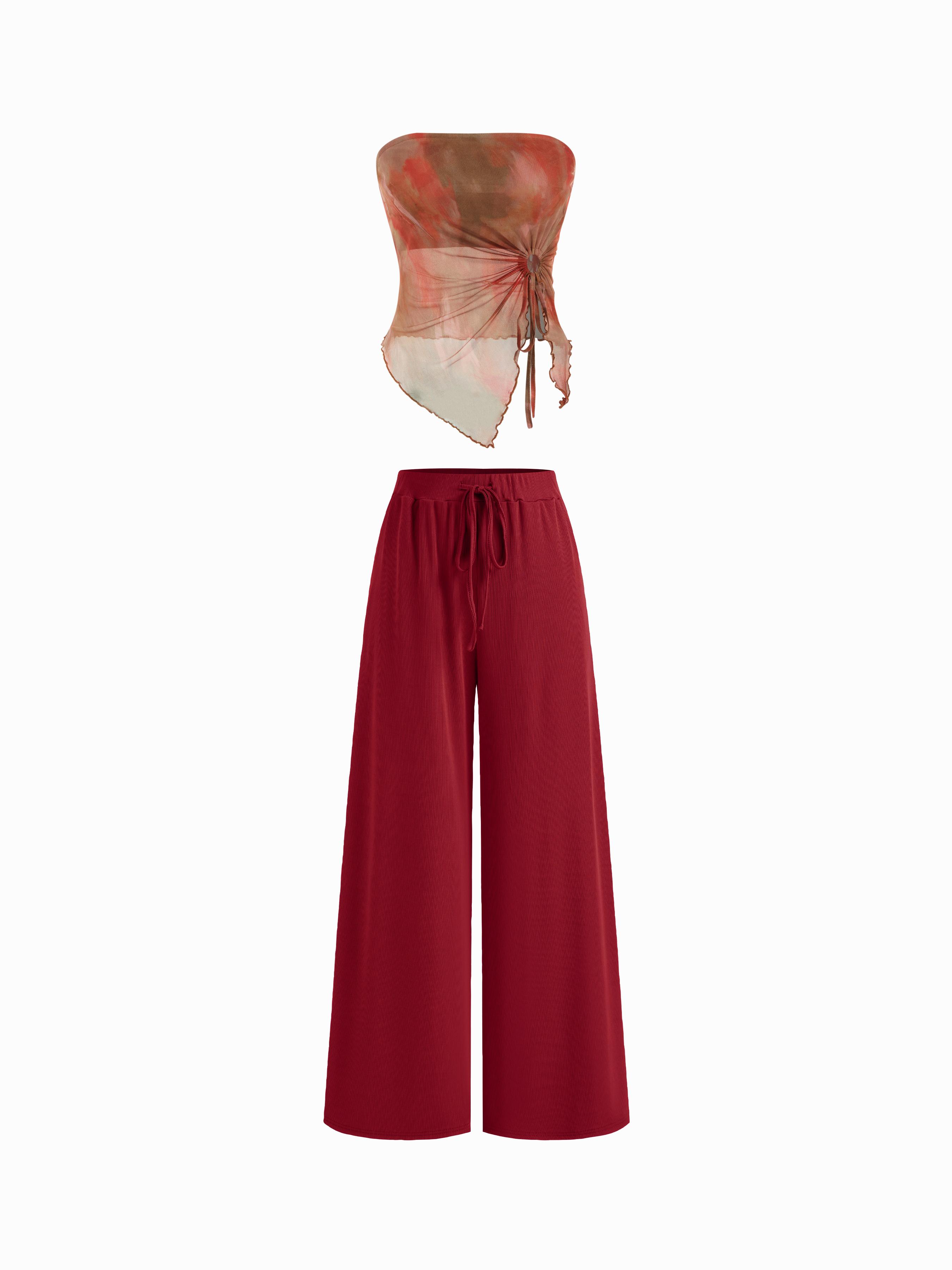 Mesh Tie Dye Drawstring Bandeau Top & Mid Rise Drawstring Wide Leg Trousers Set by CIDER