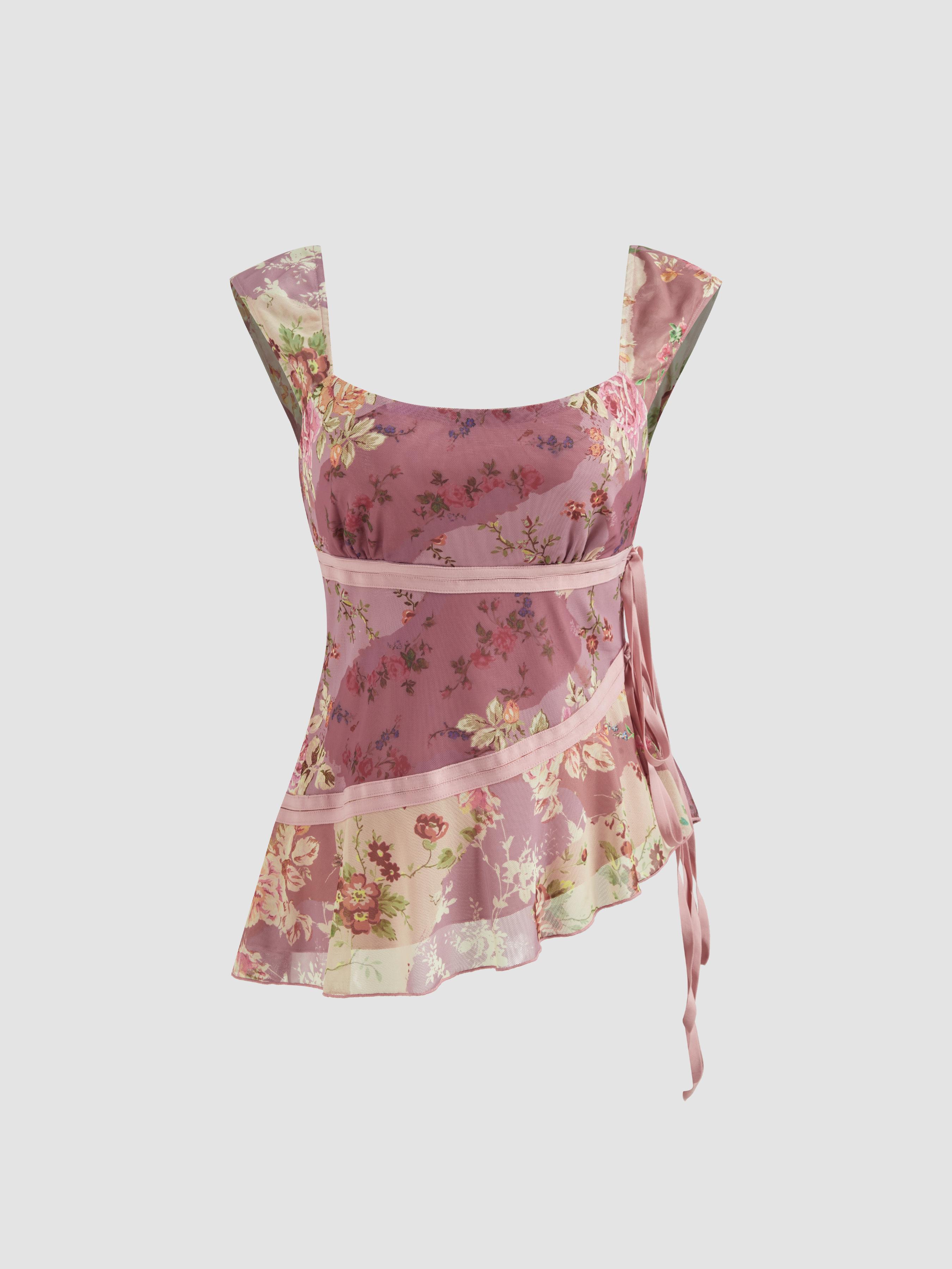 Mesh U-neckline Floral Asymmetrical Ruffle Trim Knotted Tank Top by CIDER