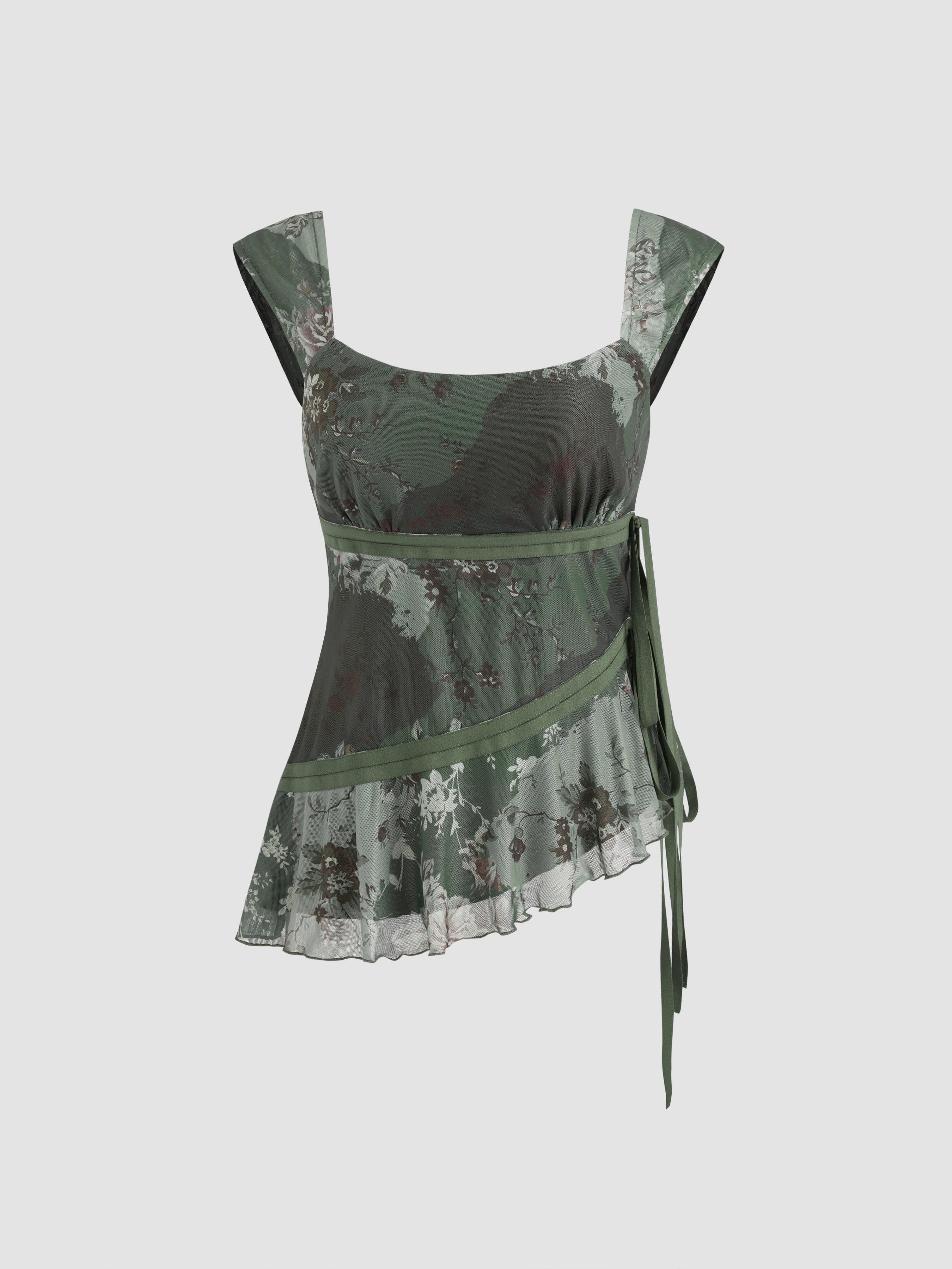 Mesh U-neckline Floral Asymmetrical Ruffle Trim Knotted Tank Top by CIDER
