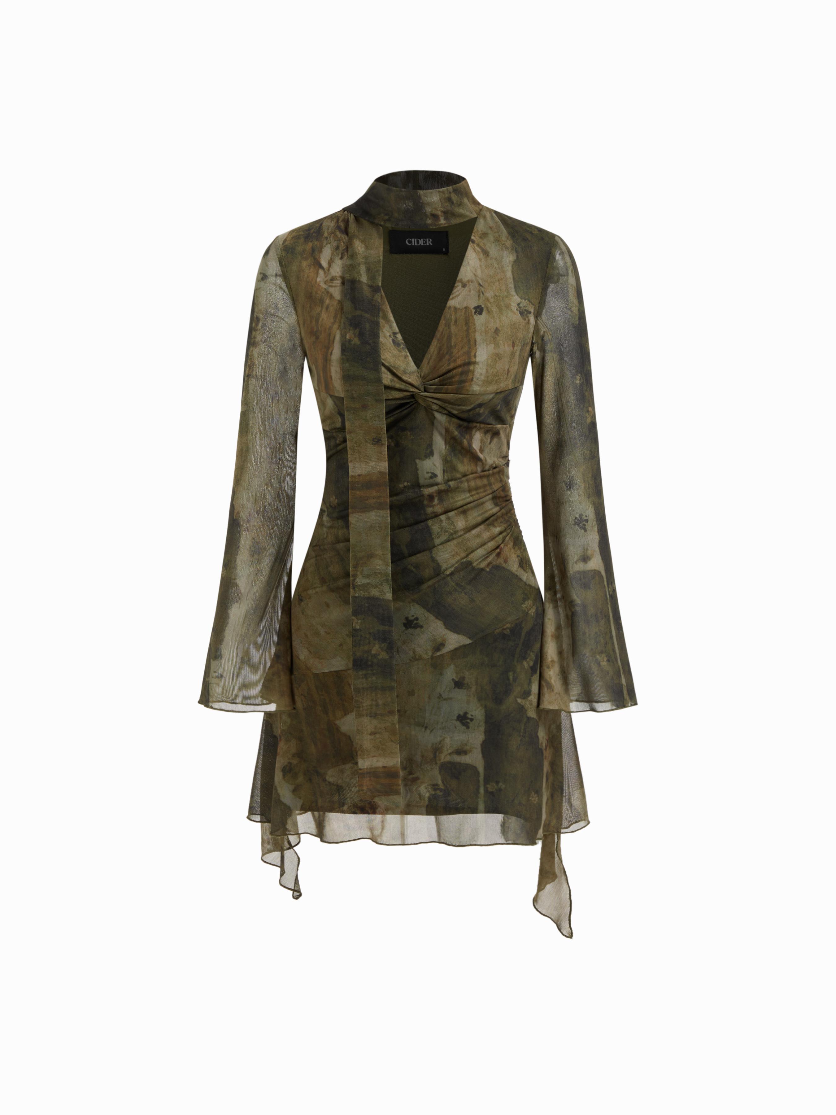 Mesh V-neck Abstract Knotted Twist Ruched Mini Dress by CIDER