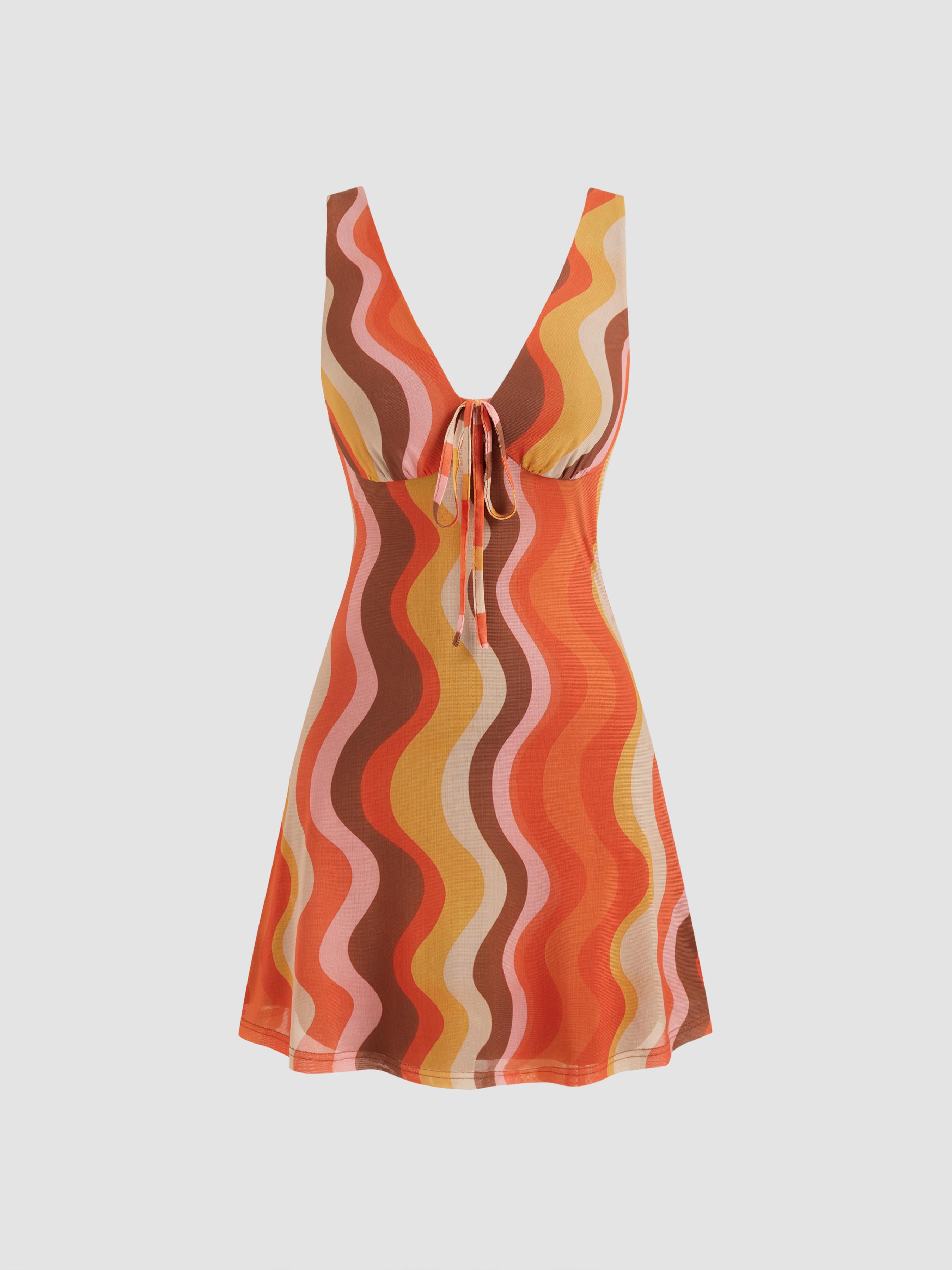 Mesh V-neck Abstract Wave Knotted Mini Dress by CIDER