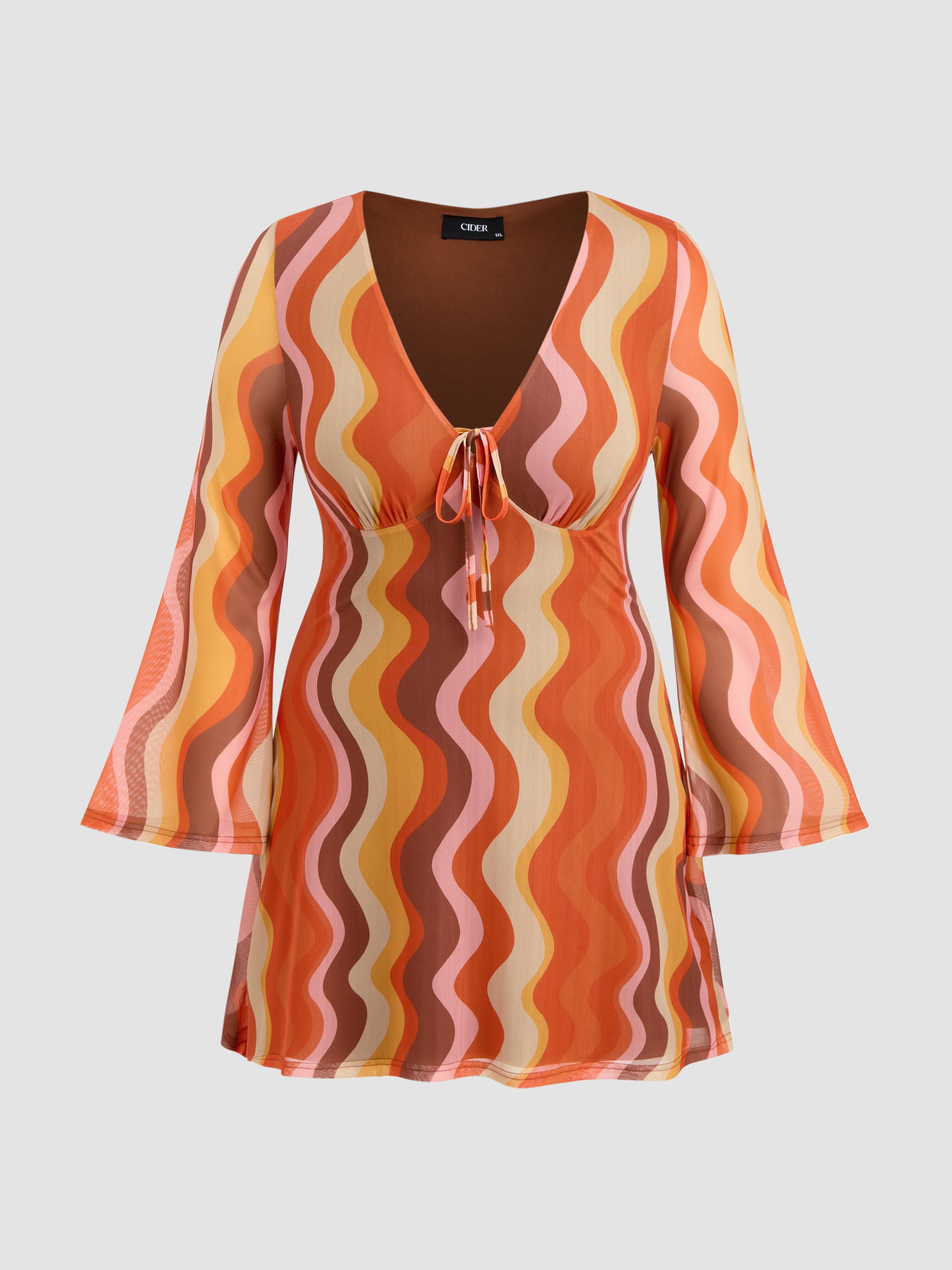 Mesh V-neck Abstract Wave Knotted Mini Dress Curve & Plus by CIDER