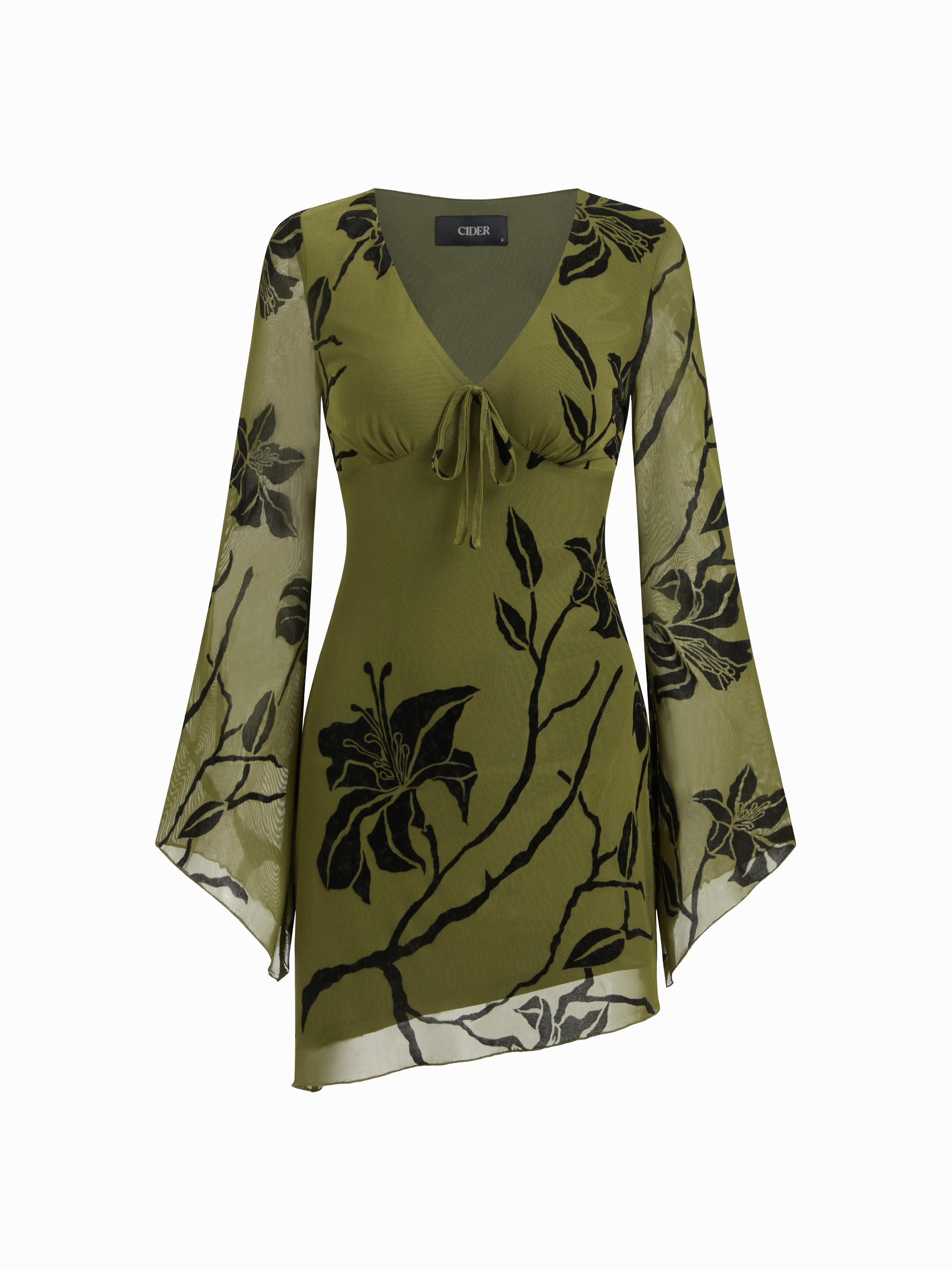 Mesh V-neck Floral Asymmetrical Hem Mini Dress by CIDER