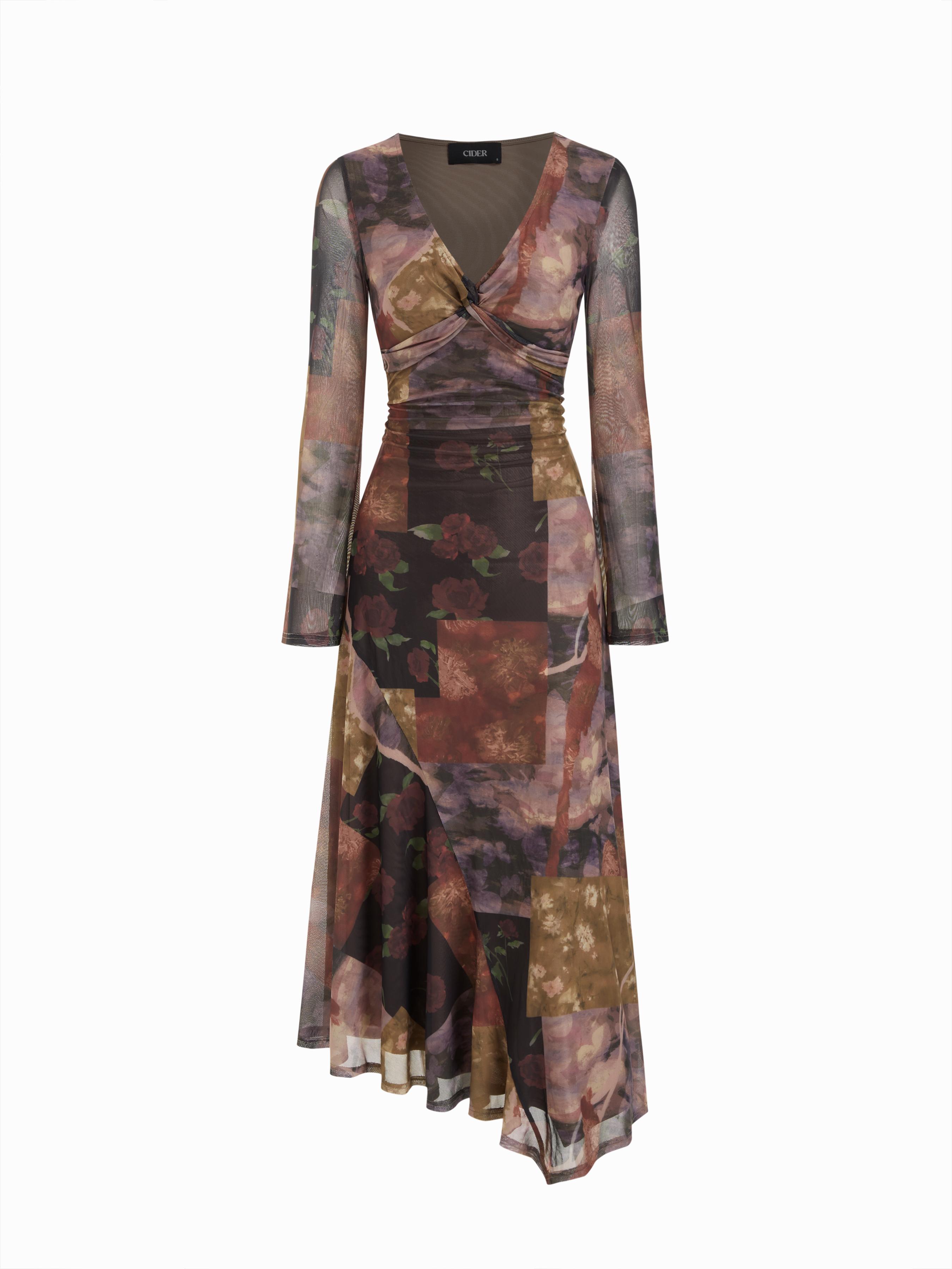 Mesh V-neck Floral Asymmetrical Hem Twist Maxi Dress by CIDER