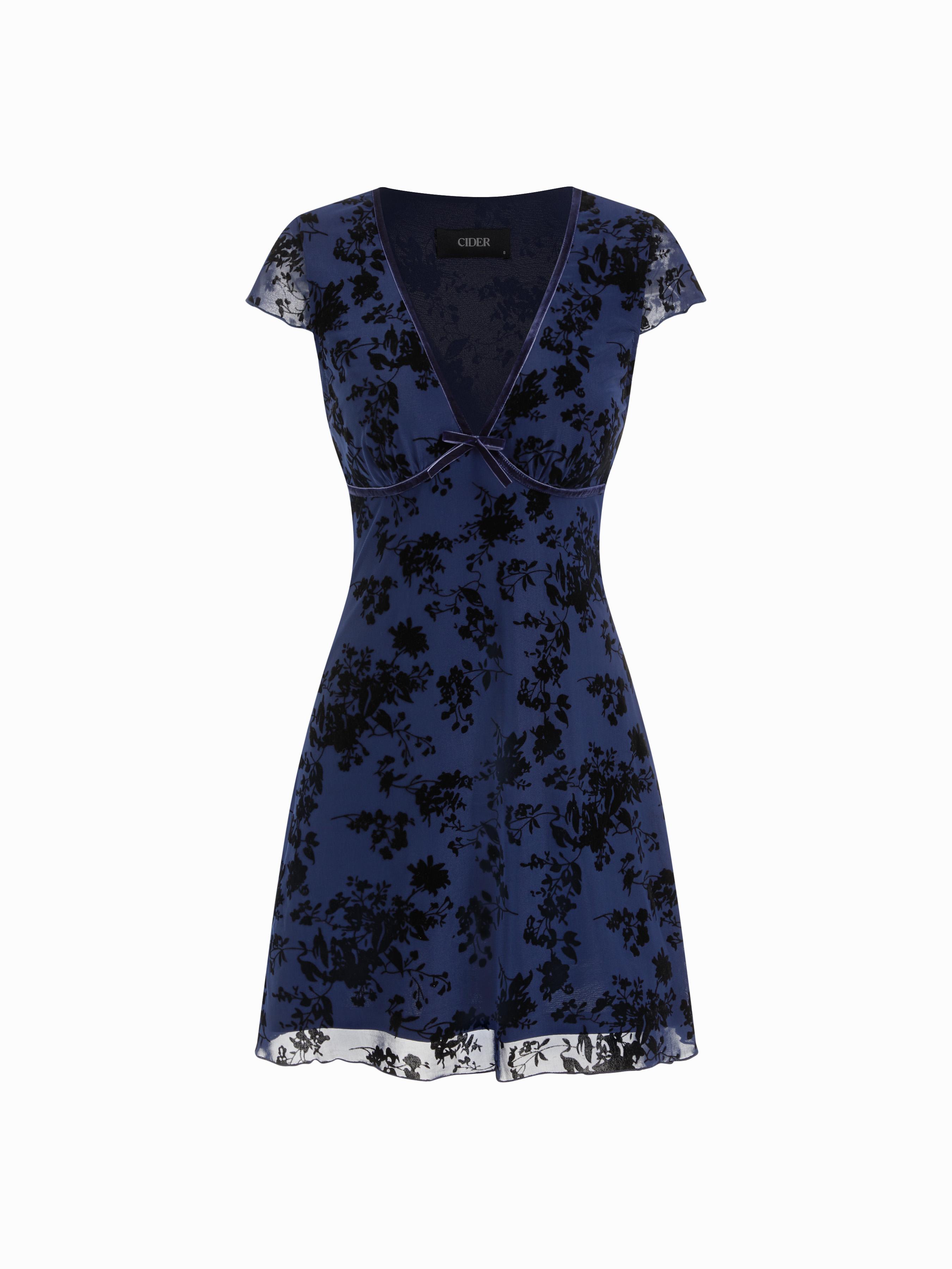 Mesh V-neck Floral Bow Mini Dress by CIDER