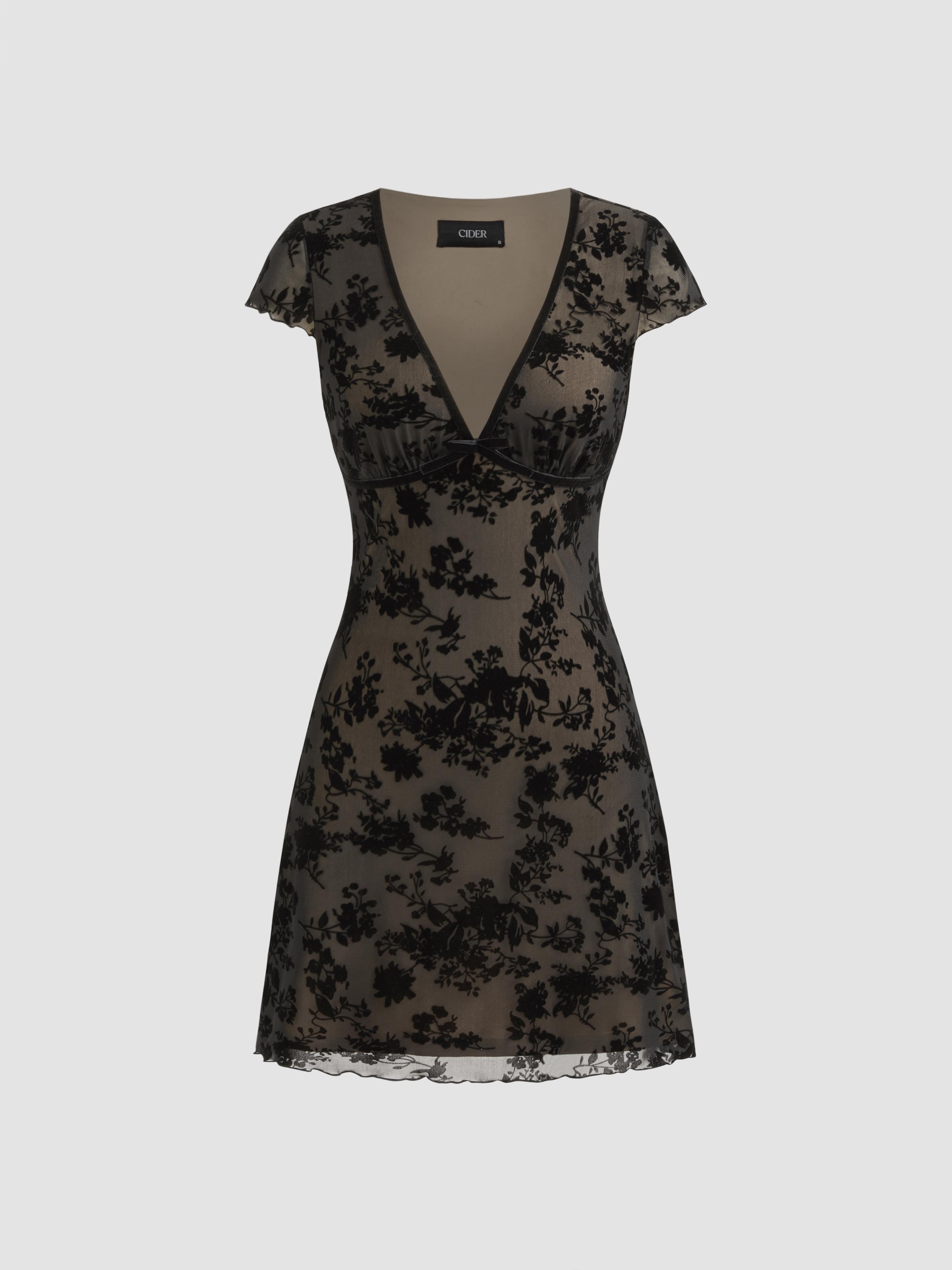 Mesh V-neck Floral Bow Mini Dress by CIDER