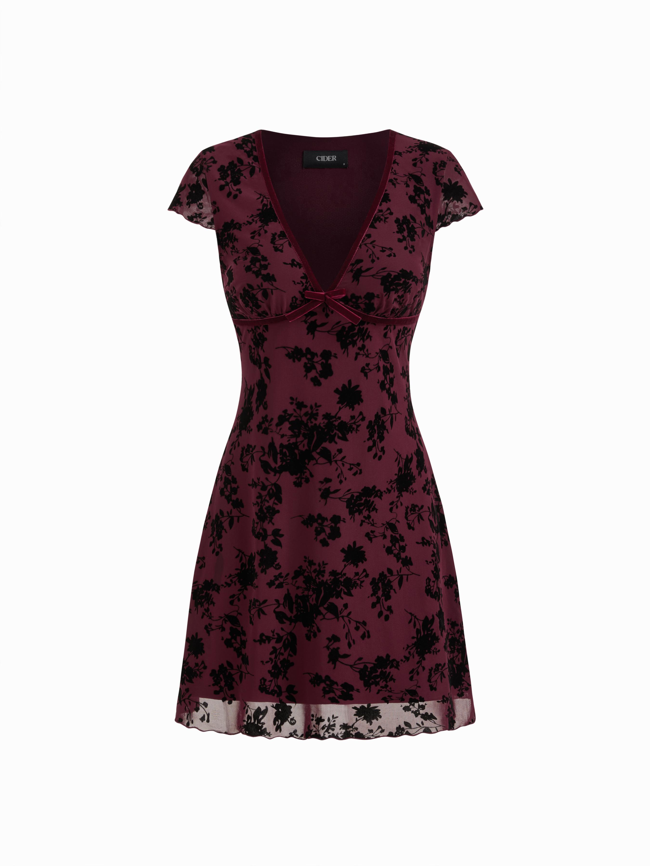 Mesh V-neck Floral Bow Mini Dress by CIDER