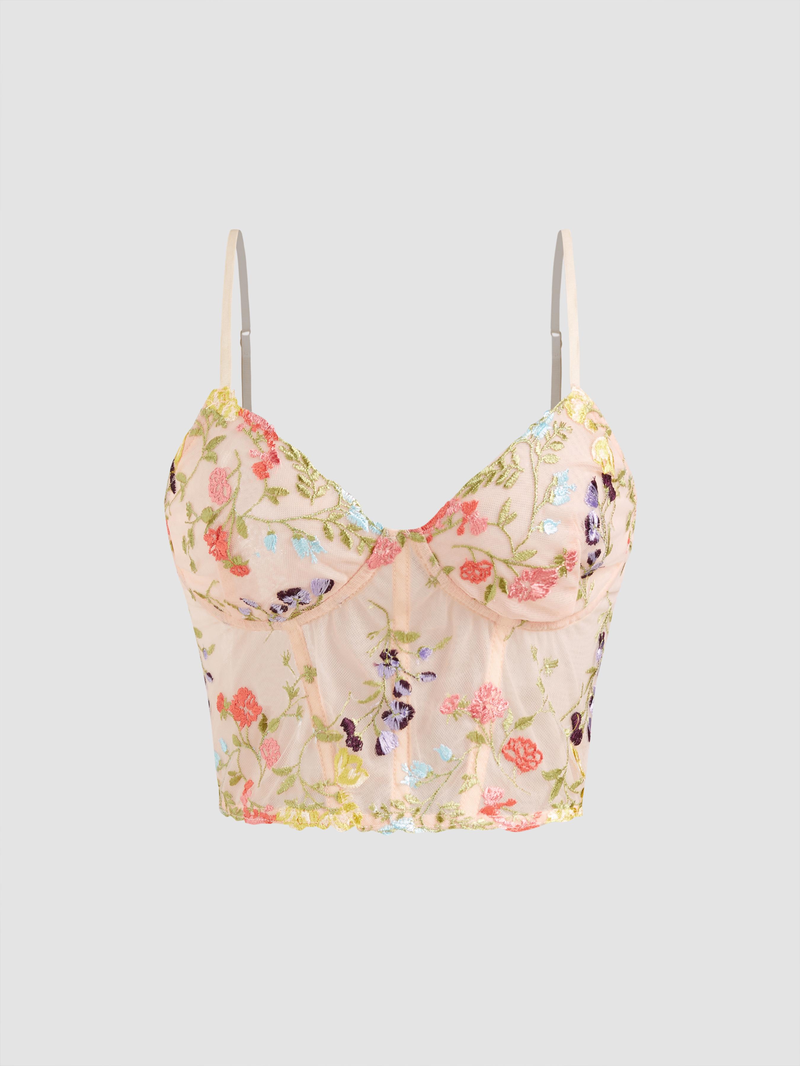 Mesh V-neck Floral Embroidery Crop Cami Top by CIDER