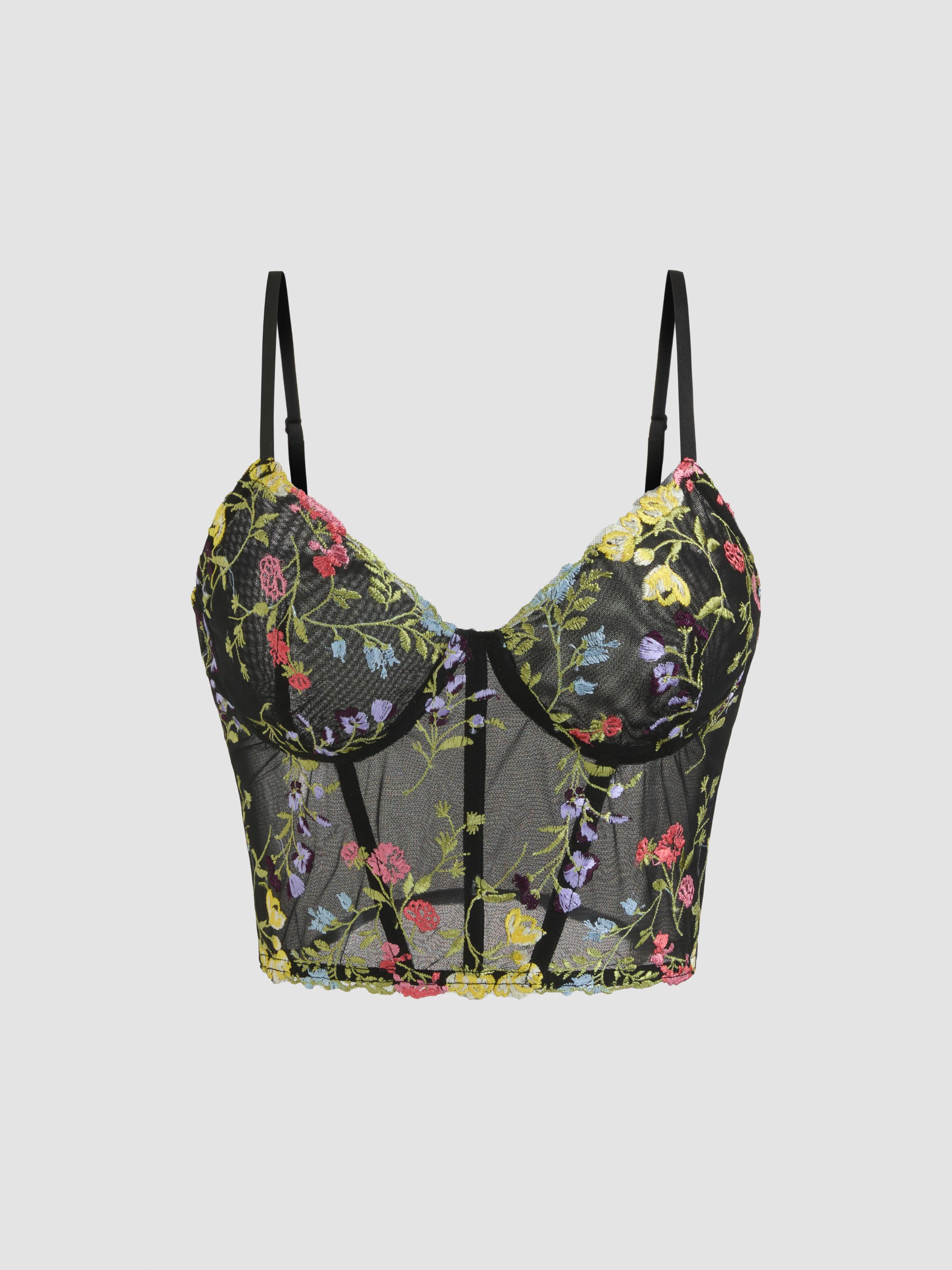 Mesh V-neck Floral Embroidery Crop Cami Top by CIDER