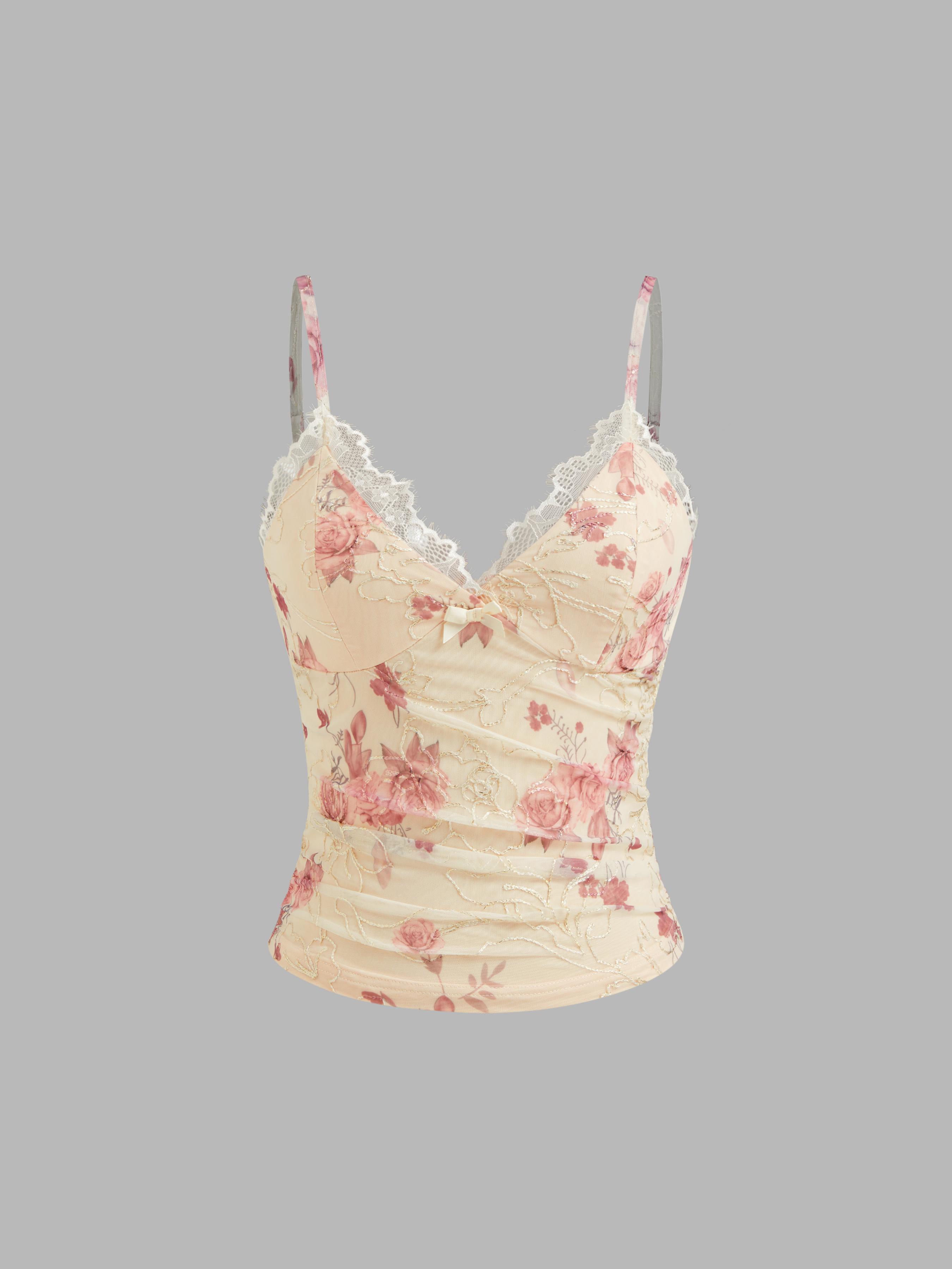 Mesh V-neck Floral Lace Trim Bowknot Cami Top by CIDER