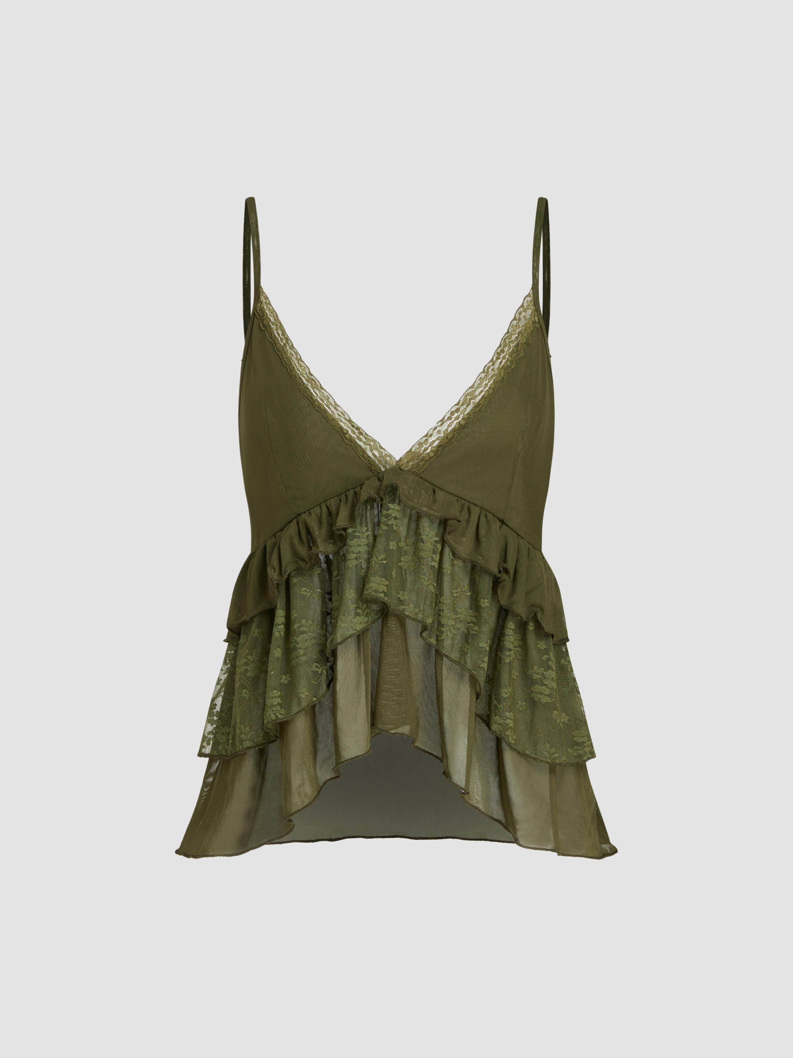 Mesh V-neck Floral Lace Trim Ruffle Cami Top by CIDER