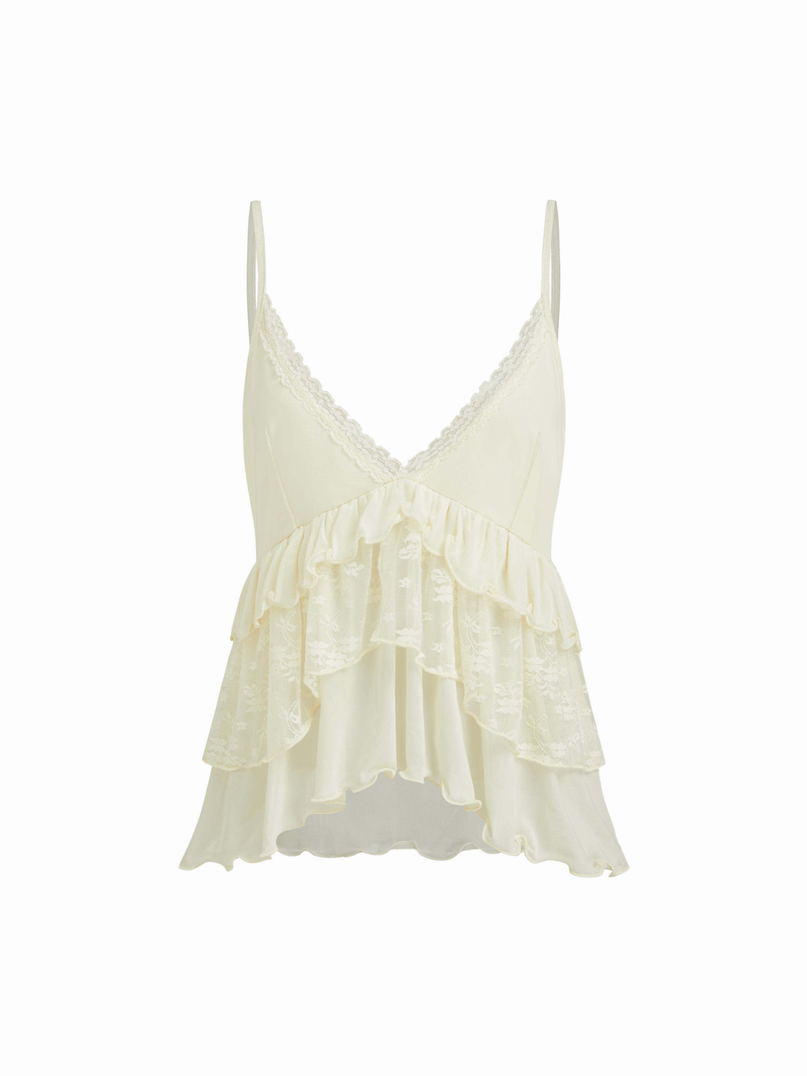 Mesh V-neck Floral Lace Trim Ruffle Cami Top by CIDER