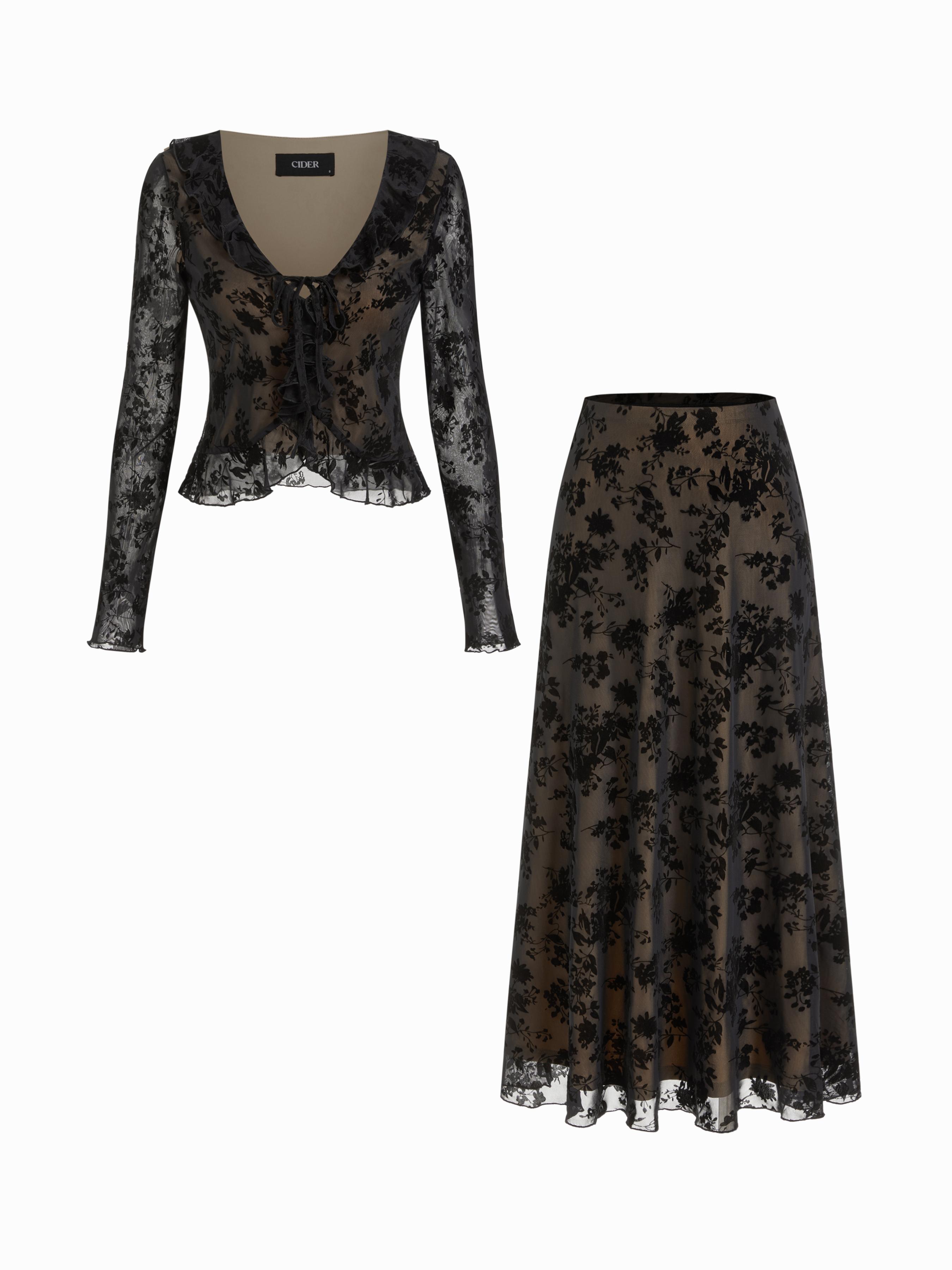 Mesh V-neck Floral Ruffle Hem Knotted Top & Mid Rise Maxi Skirt Set by CIDER