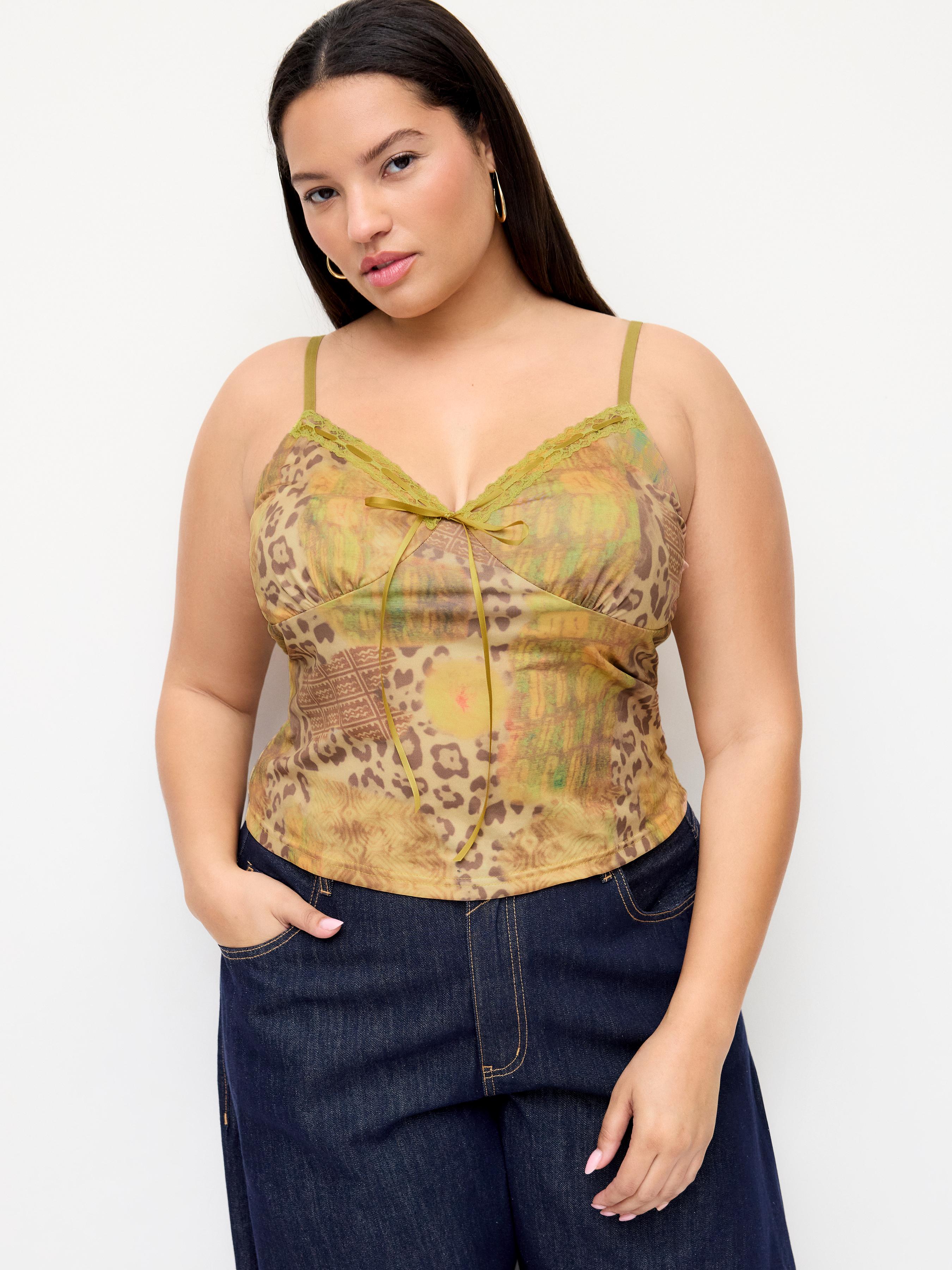 Mesh V-neck Leopard Lace Trim Cami Top Curve & Plus by CIDER