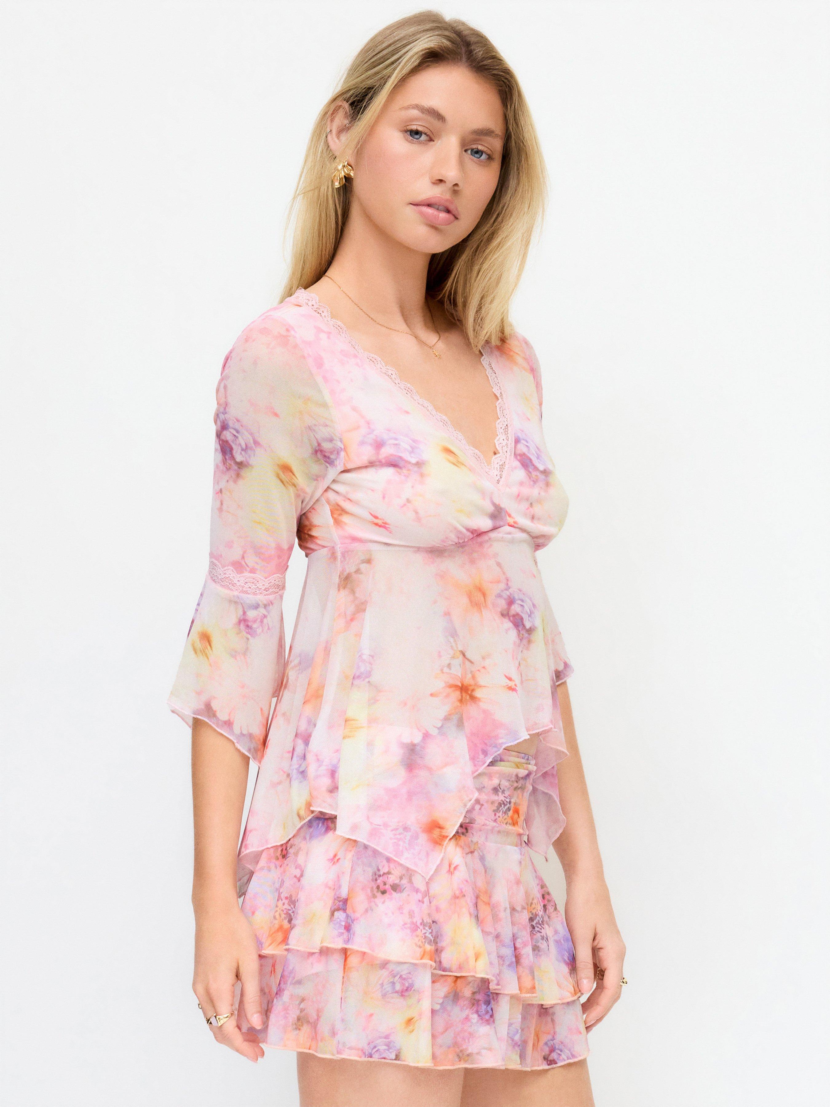 Mesh V-neck None Contrasting Lace Bell Sleeve Tops by CIDER