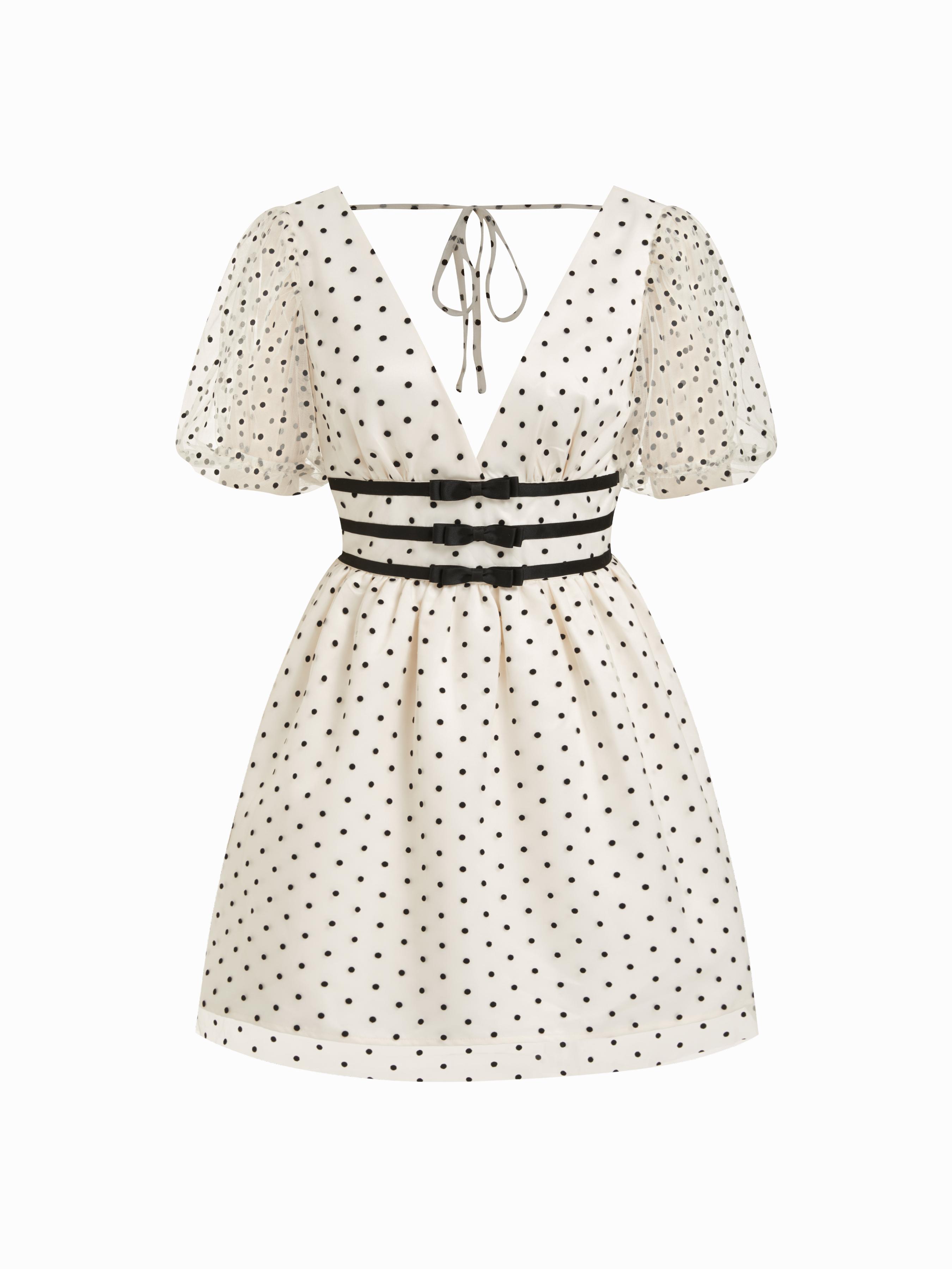Mesh V-neck Puff Sleeve Polka Dot A-line Mini Dress by CIDER