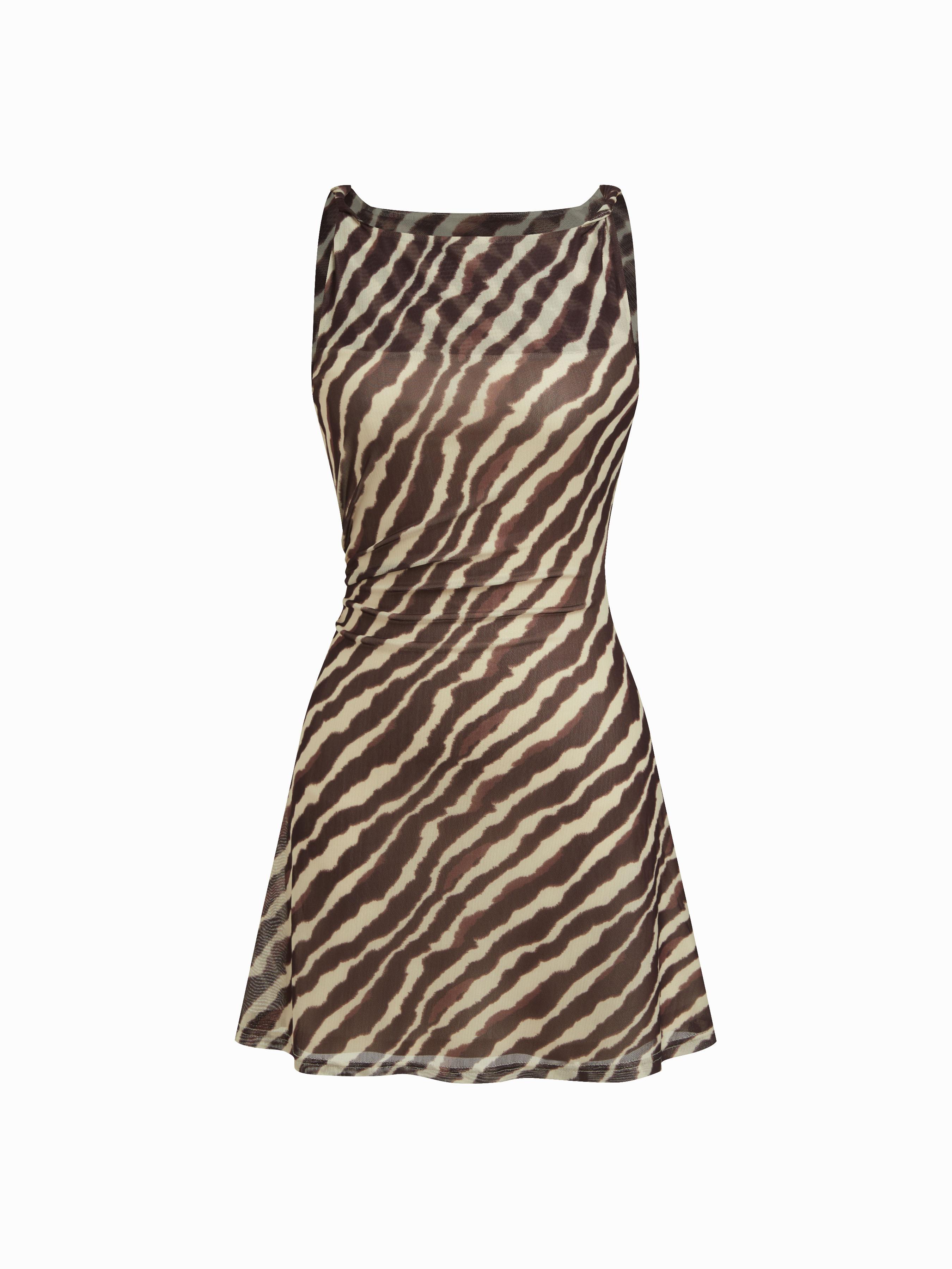 Mesh Zebra Striped Boat Neck Ruched Mini Dress by CIDER