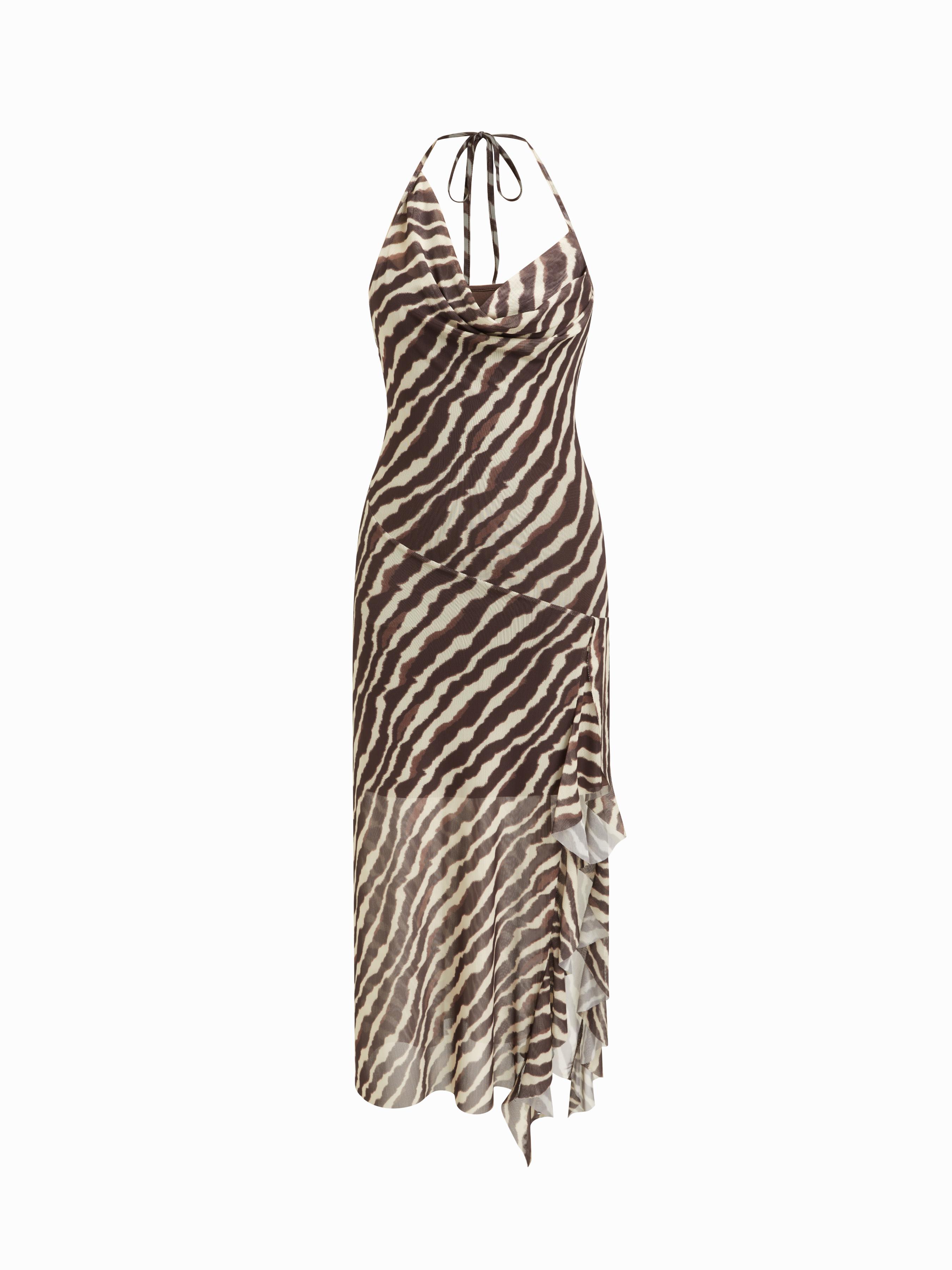 Mesh Zebra Striped Halter Neckline Asymmetric Draped Maxi High-Low Dress by CIDER