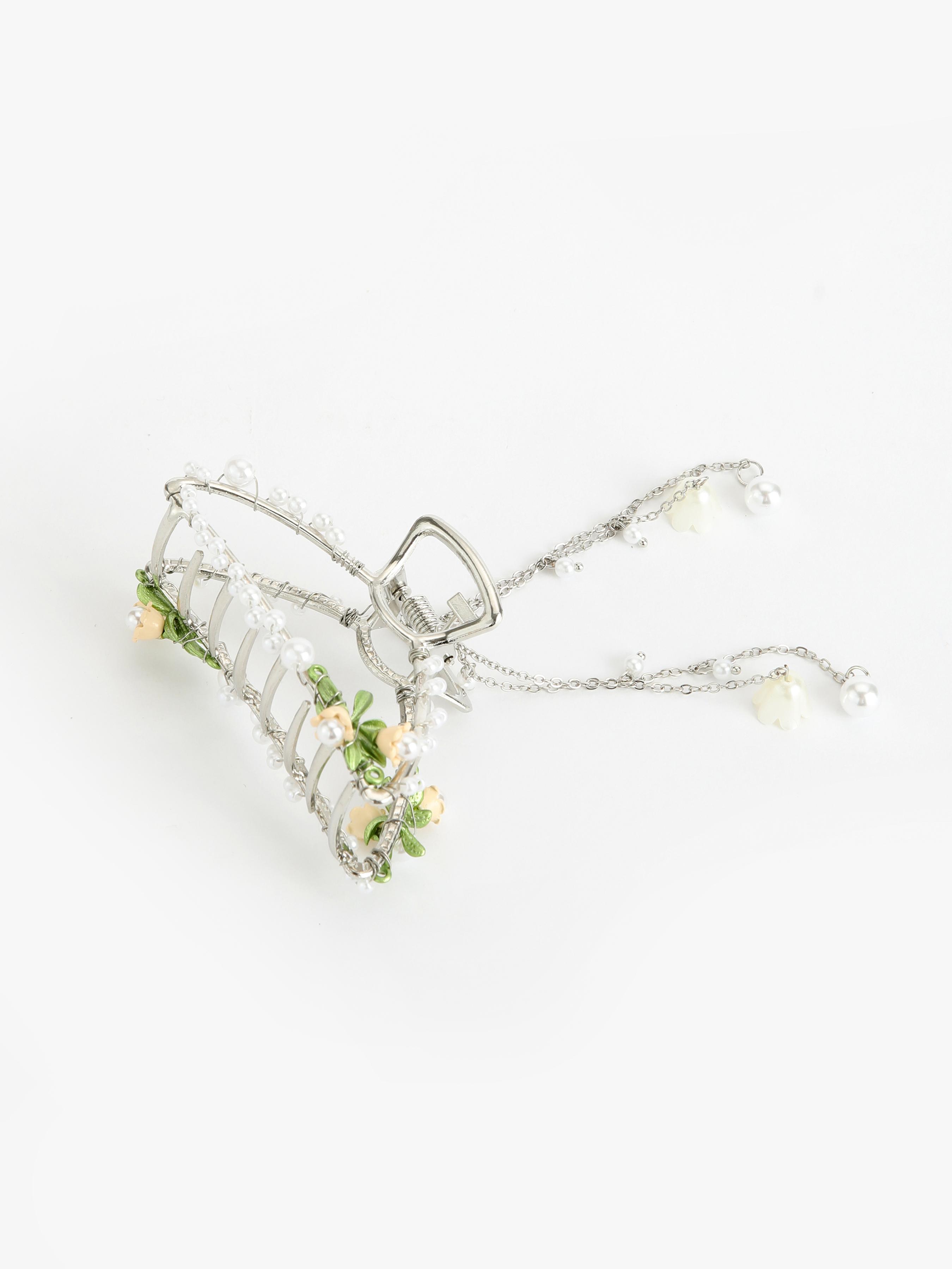 Metallic Floral & Faux Pearl Decor Tassel Hair Claw by CIDER