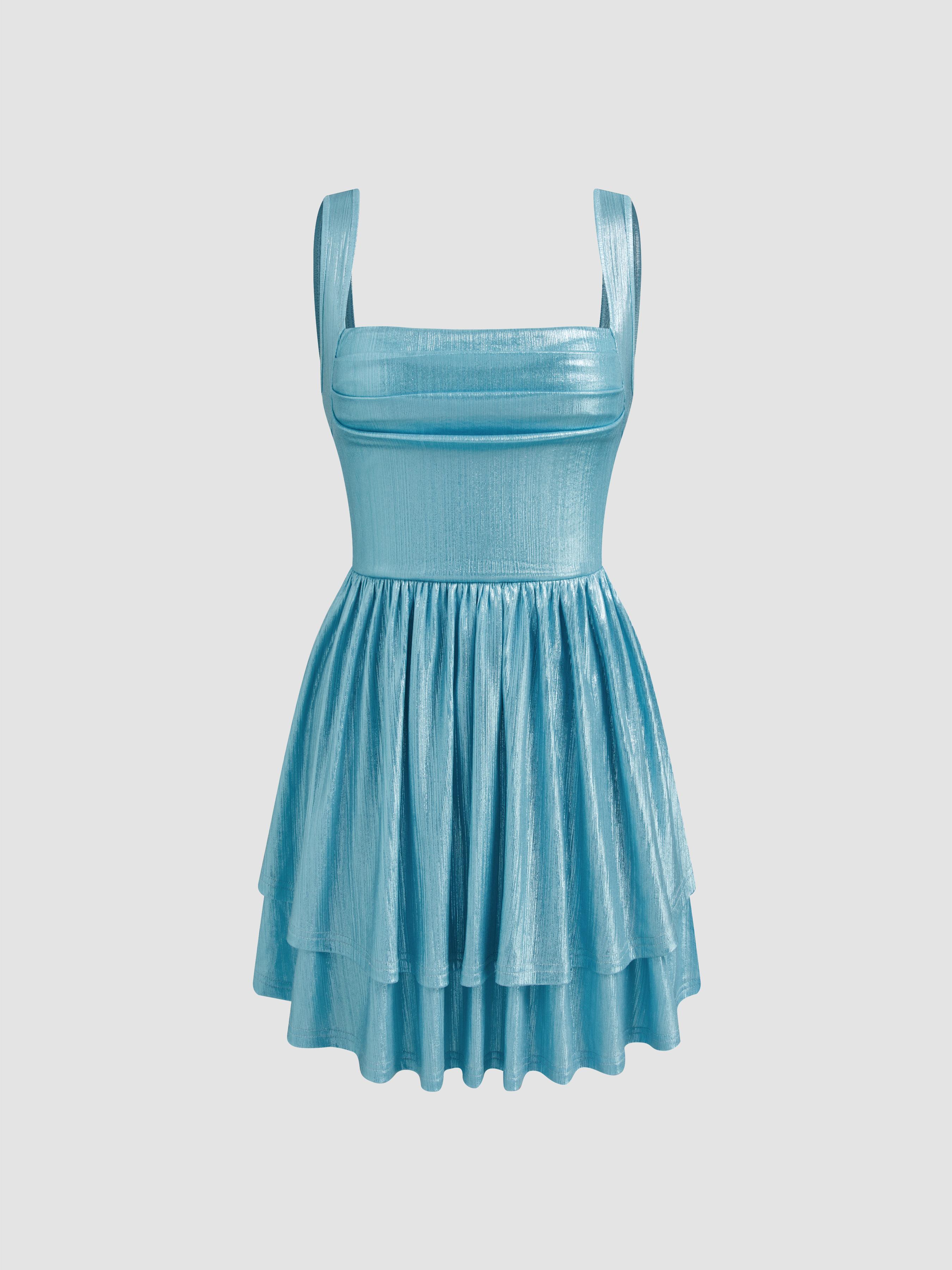 Metallic Square Neck Ruffle Tiered Mini Dress by CIDER