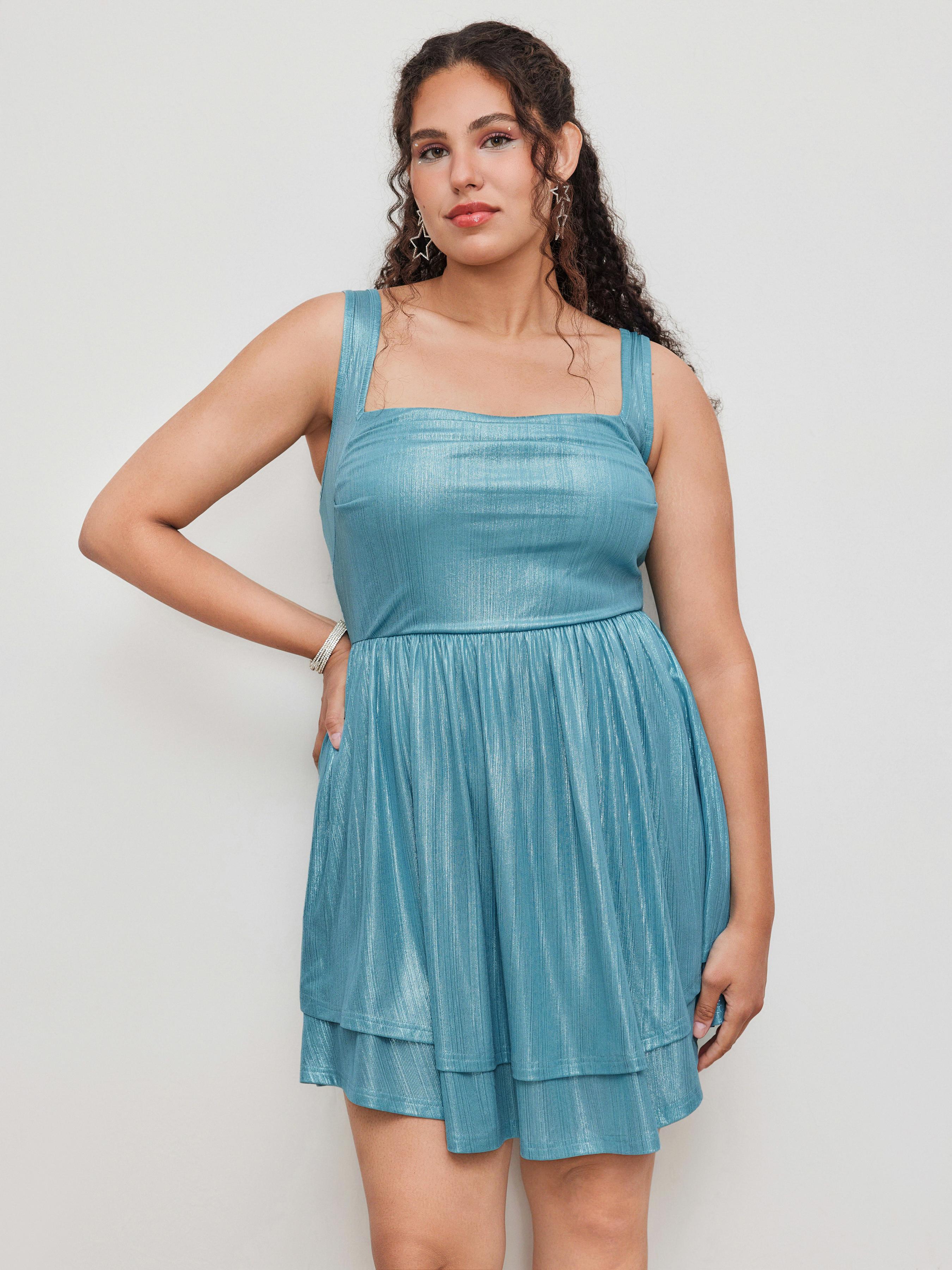 Metallic Square Neck Solid Ruffle Layered Mini Dress Curve & Plus by CIDER