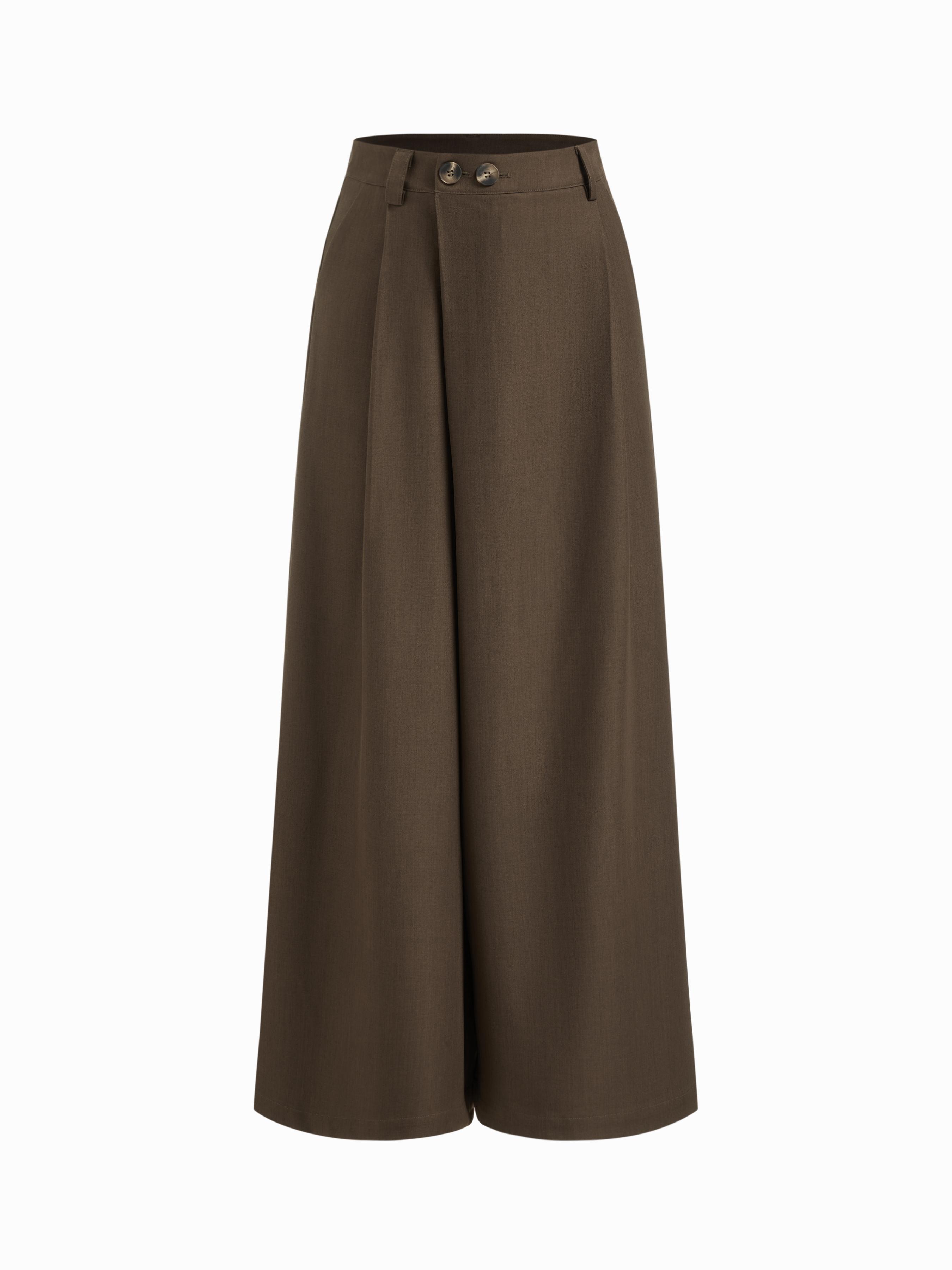 Mid Rise Asymmetrical Button Pleated Wide Leg Trousers by CIDER