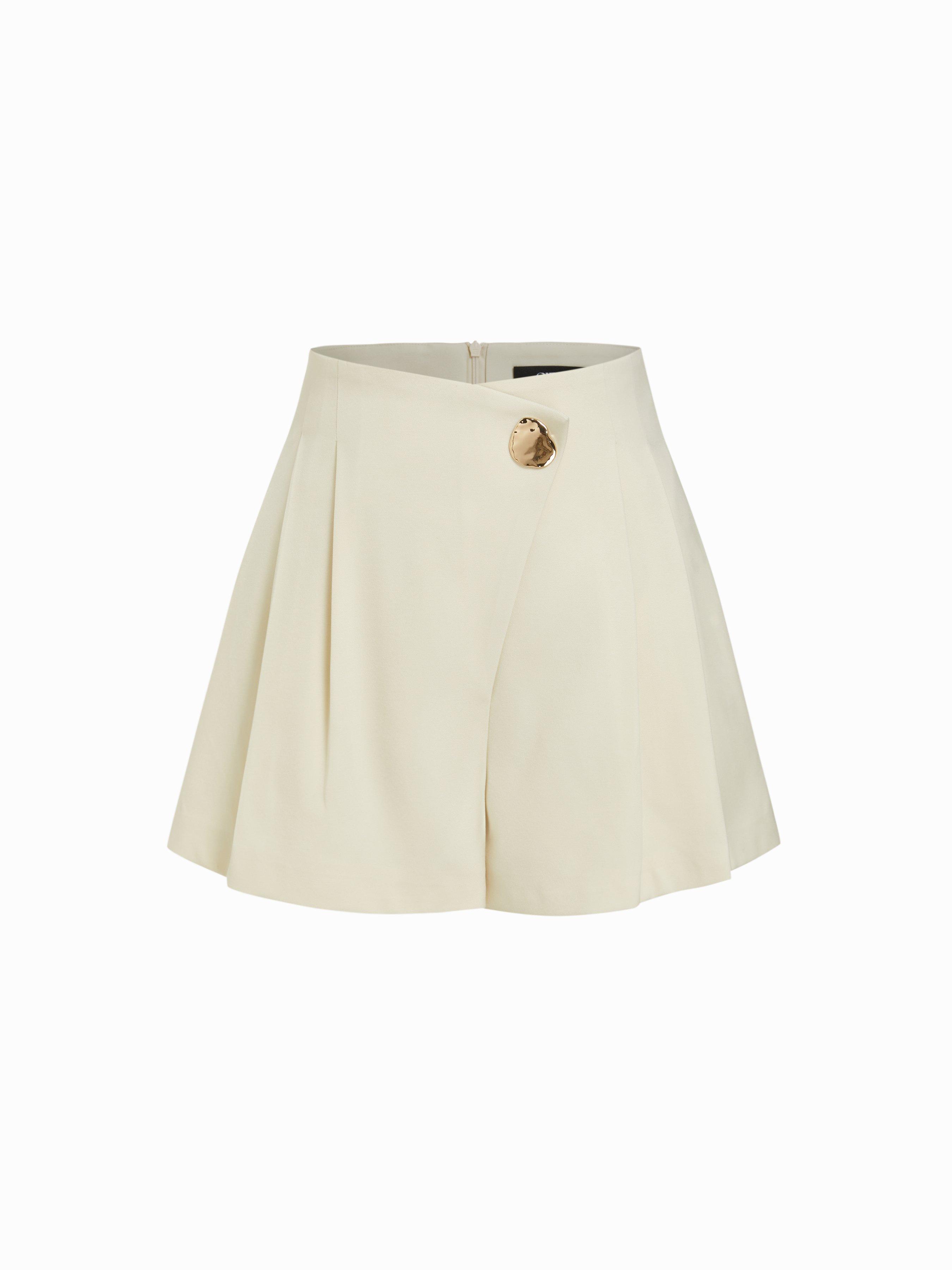 Mid Rise Asymmetrical Metal Detail Pleated Shorts by CIDER